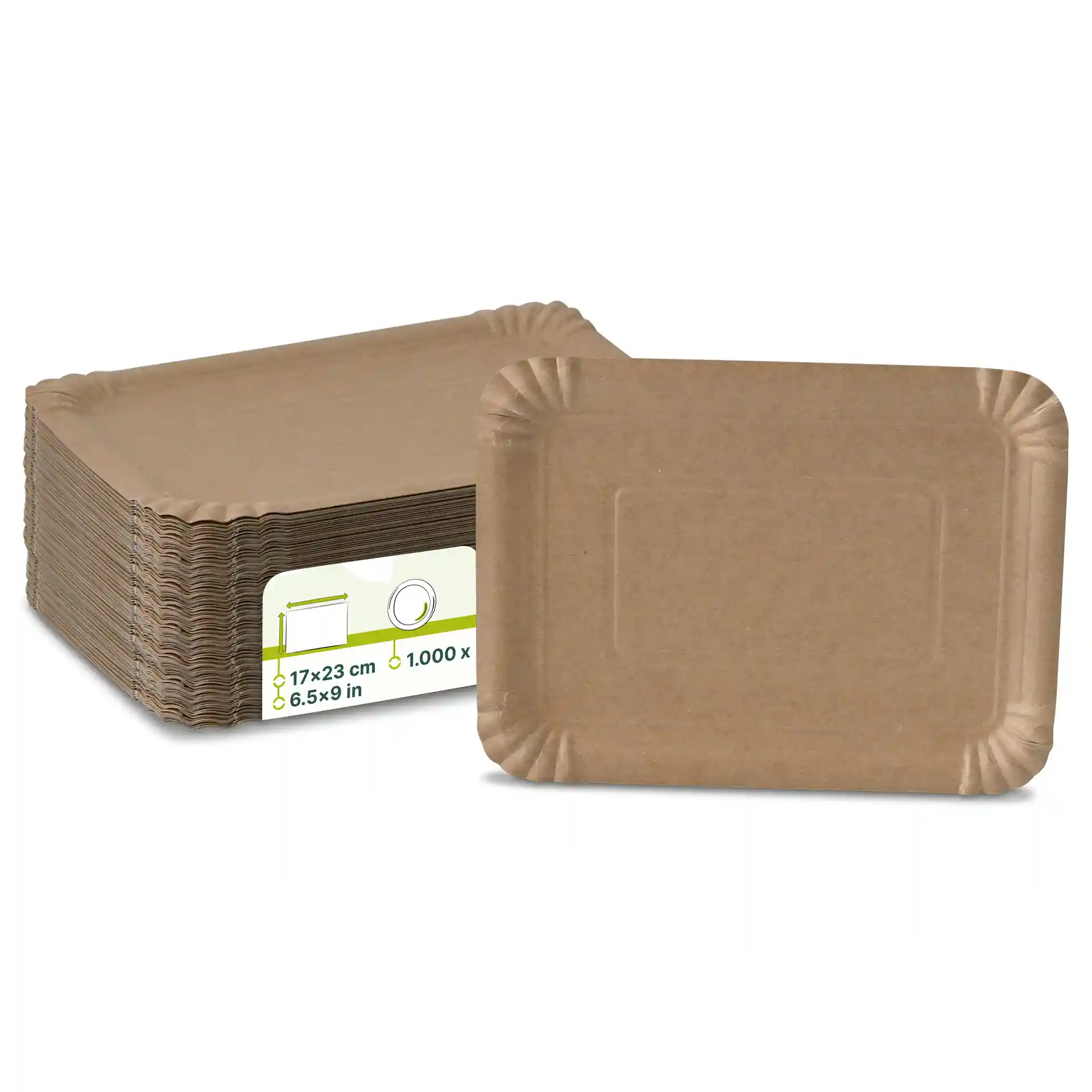 Empilement d'assiettes en papier rectangulaires brunes, mesurant 17 x 23 cm, avec une assiette devant.