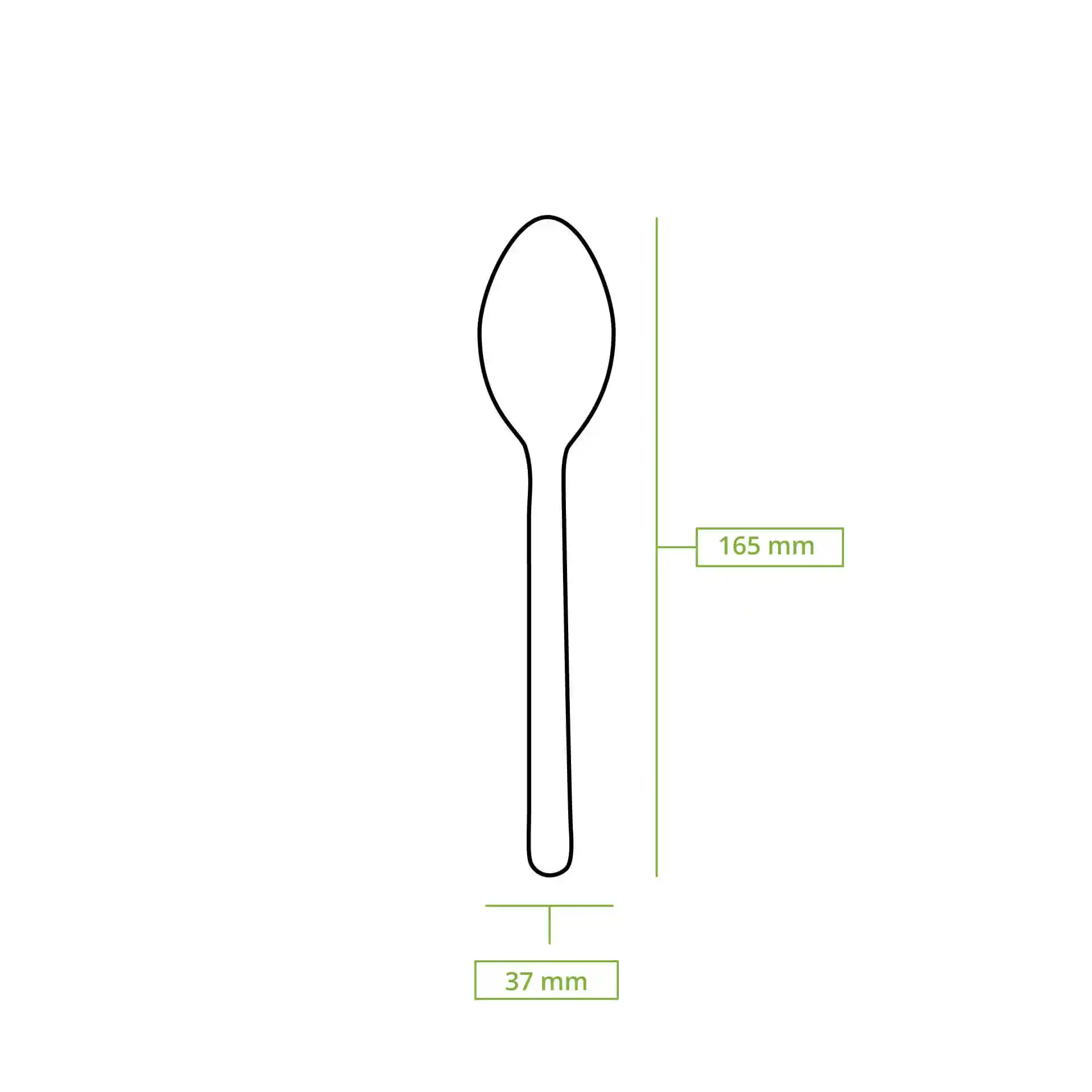 Dessin schématique d'une cuillère en papier, mesurant 165 mm de long et 37 mm de large.