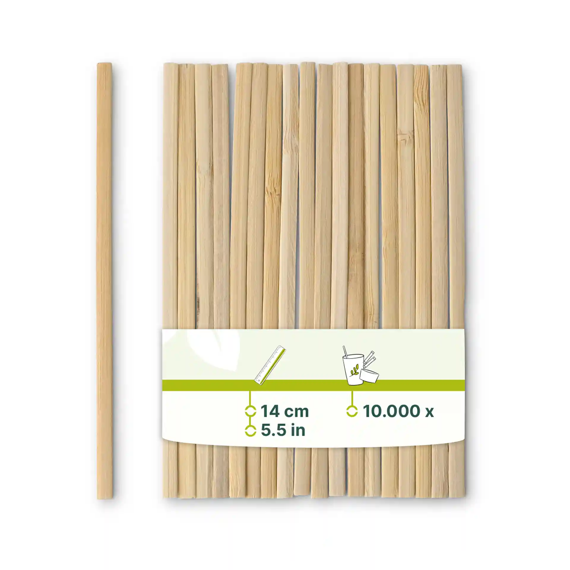Agitateurs en bambou, longs de 14 cm, disposés avec une étiquette indiquant les dimensions et la quantité, sur un fond uni.
