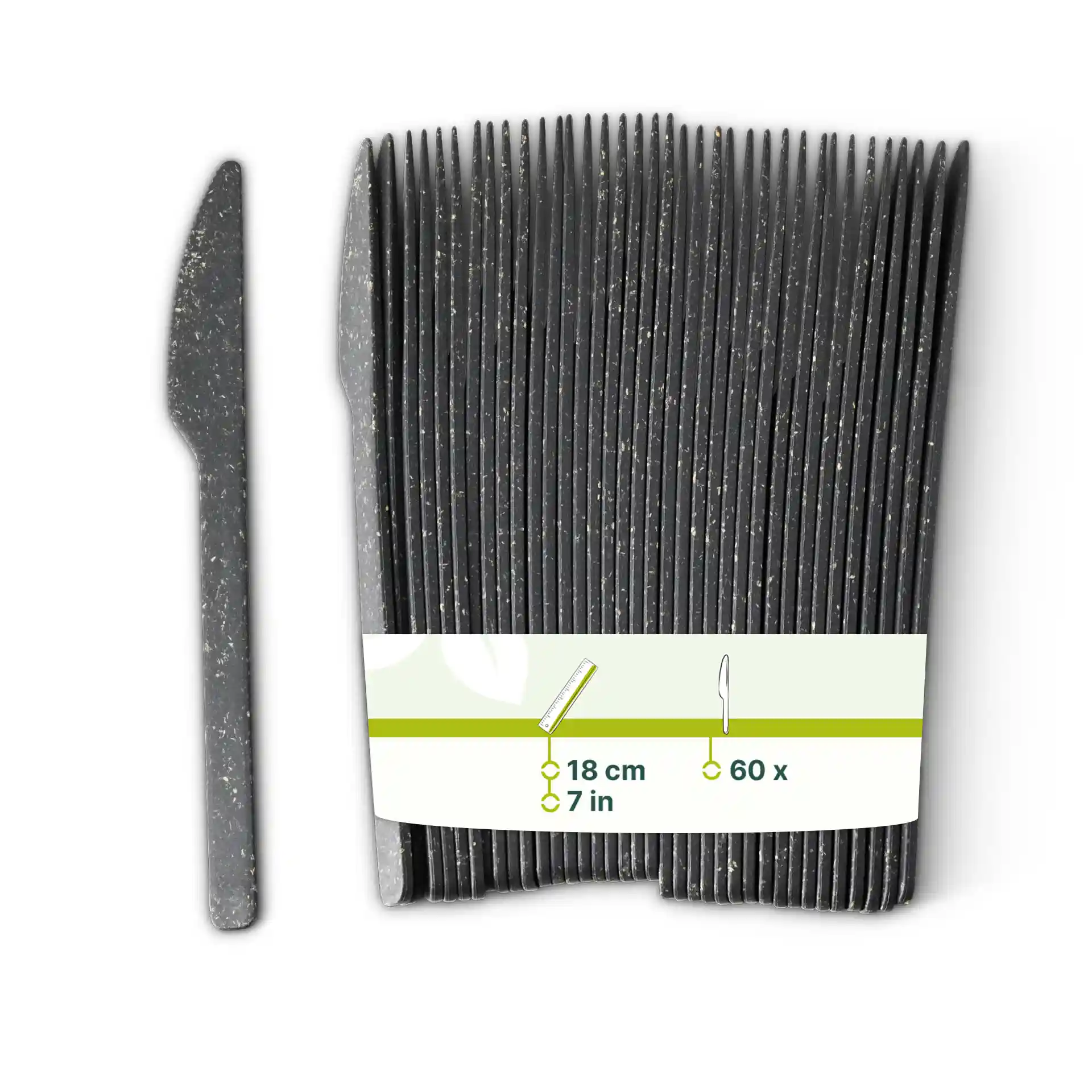 Couteau réutilisable noir en bio-composite, 18 cm de long, avec une étiquette indiquant les dimensions et la quantité de 60.