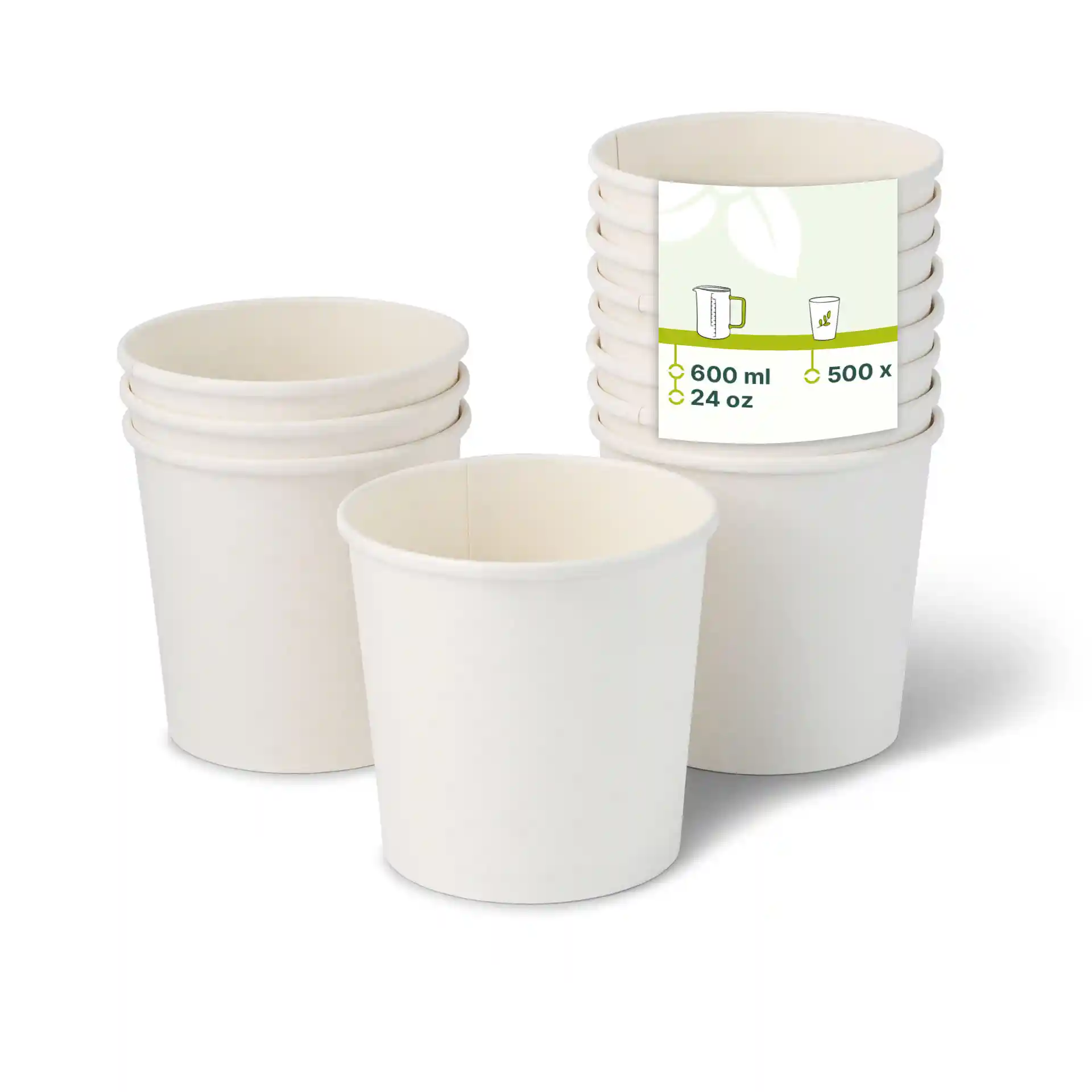 Contenants à soupe en carton blanc empilés, avec un devant montrant une étiquette indiquant une capacité de 600 ml et 500 unités.