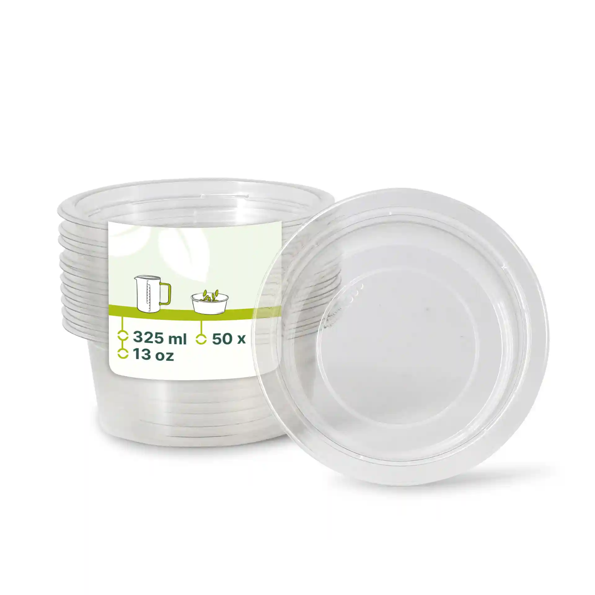 Pots deli rPET transparents, volume de 325 ml, hauteur de 60 mm et diamètre de 123 mm, empilés en groupe.