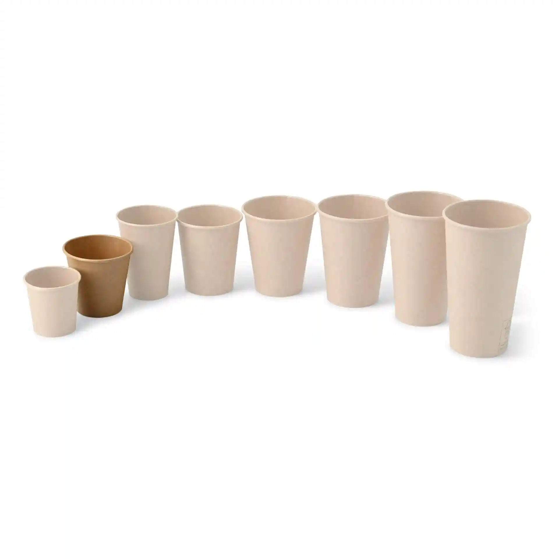 Ensemble de gobelets en papier de différentes tailles, y compris un gobelet marron, sur fond blanc.