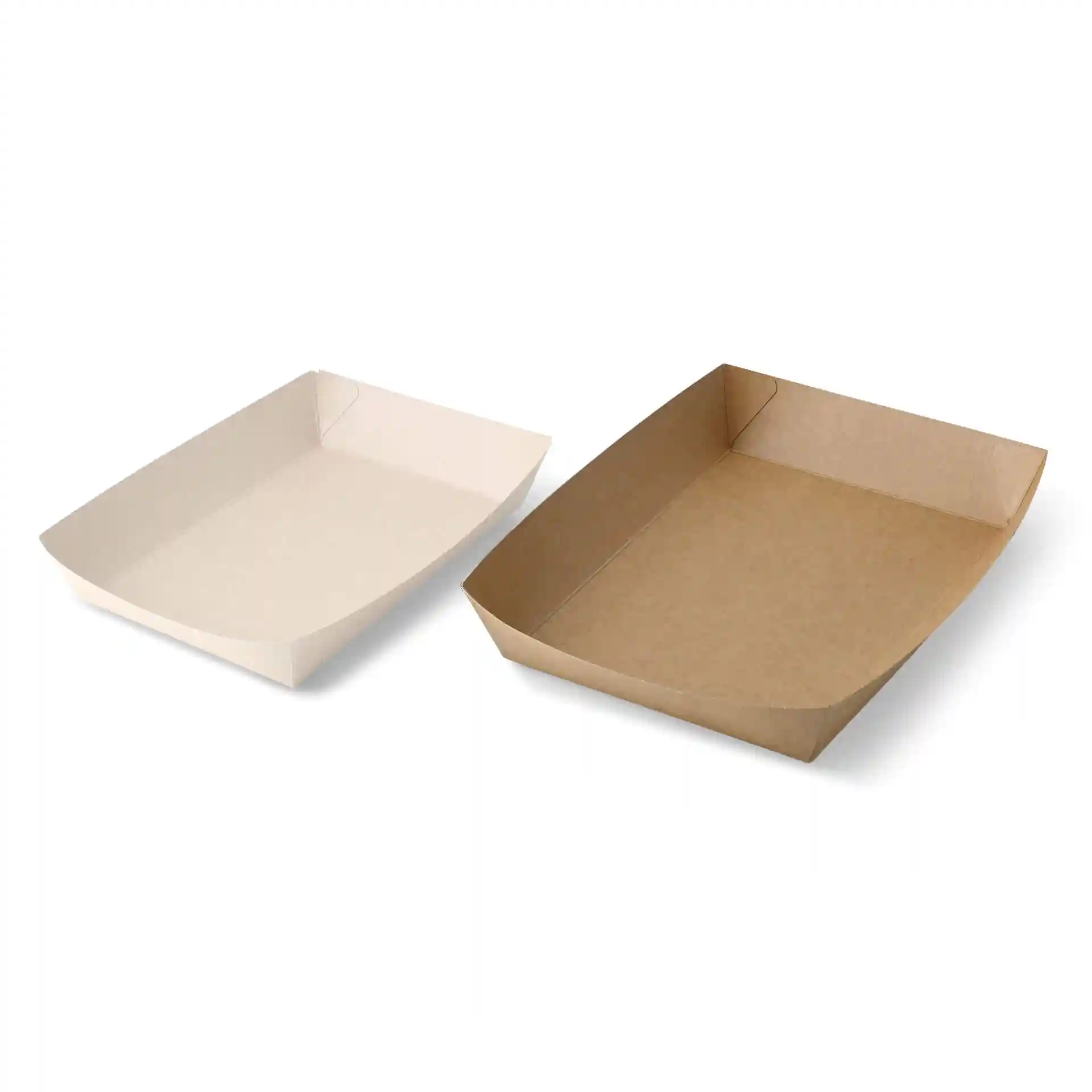 Deux plateaux en carton rectangulaires, un marron et un blanc, tous deux avec des bords arrondis et sans marquages visibles.