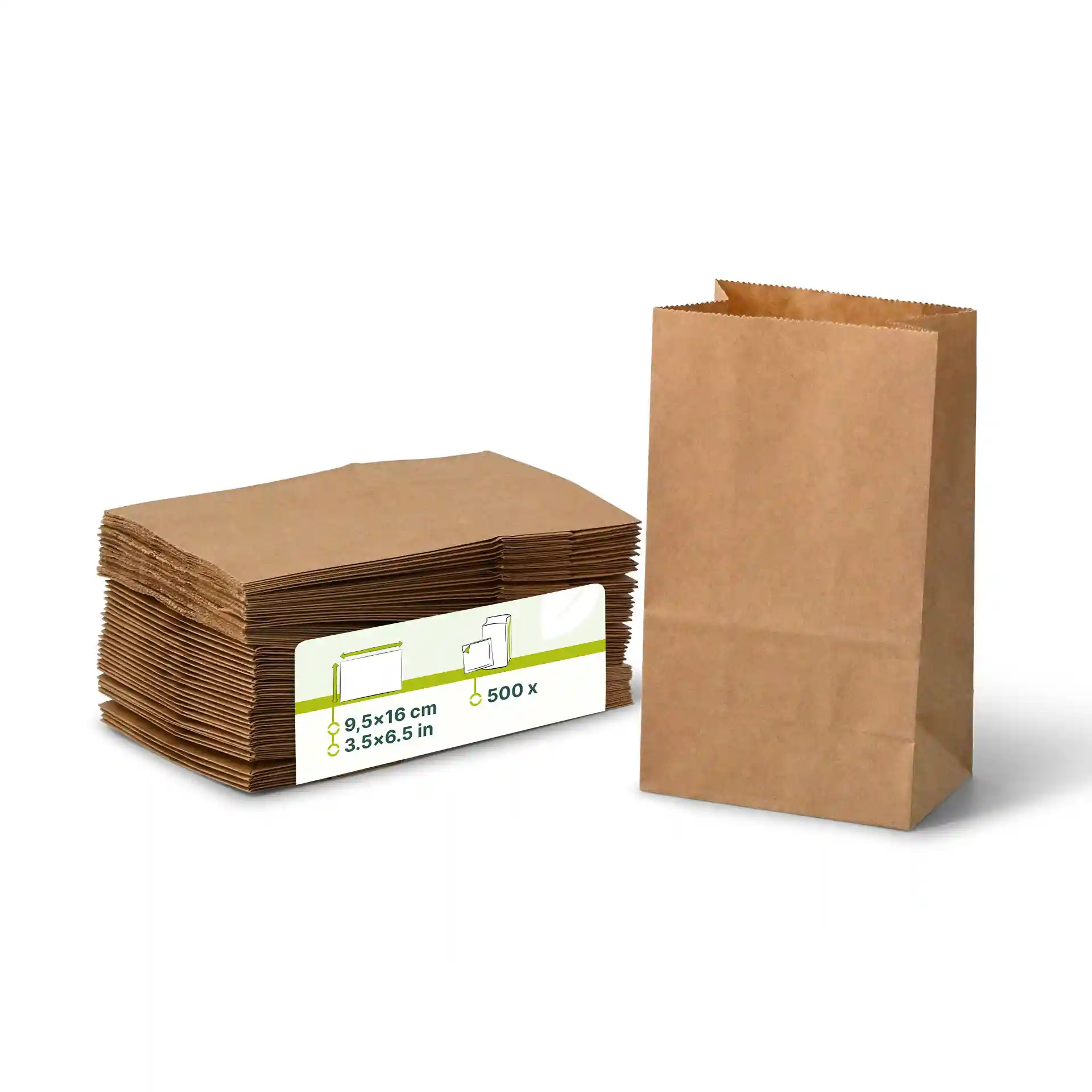 Empilement de sacs en papier kraft marron avec un sac debout, dimensions 9,5 x 6 x 16 cm.