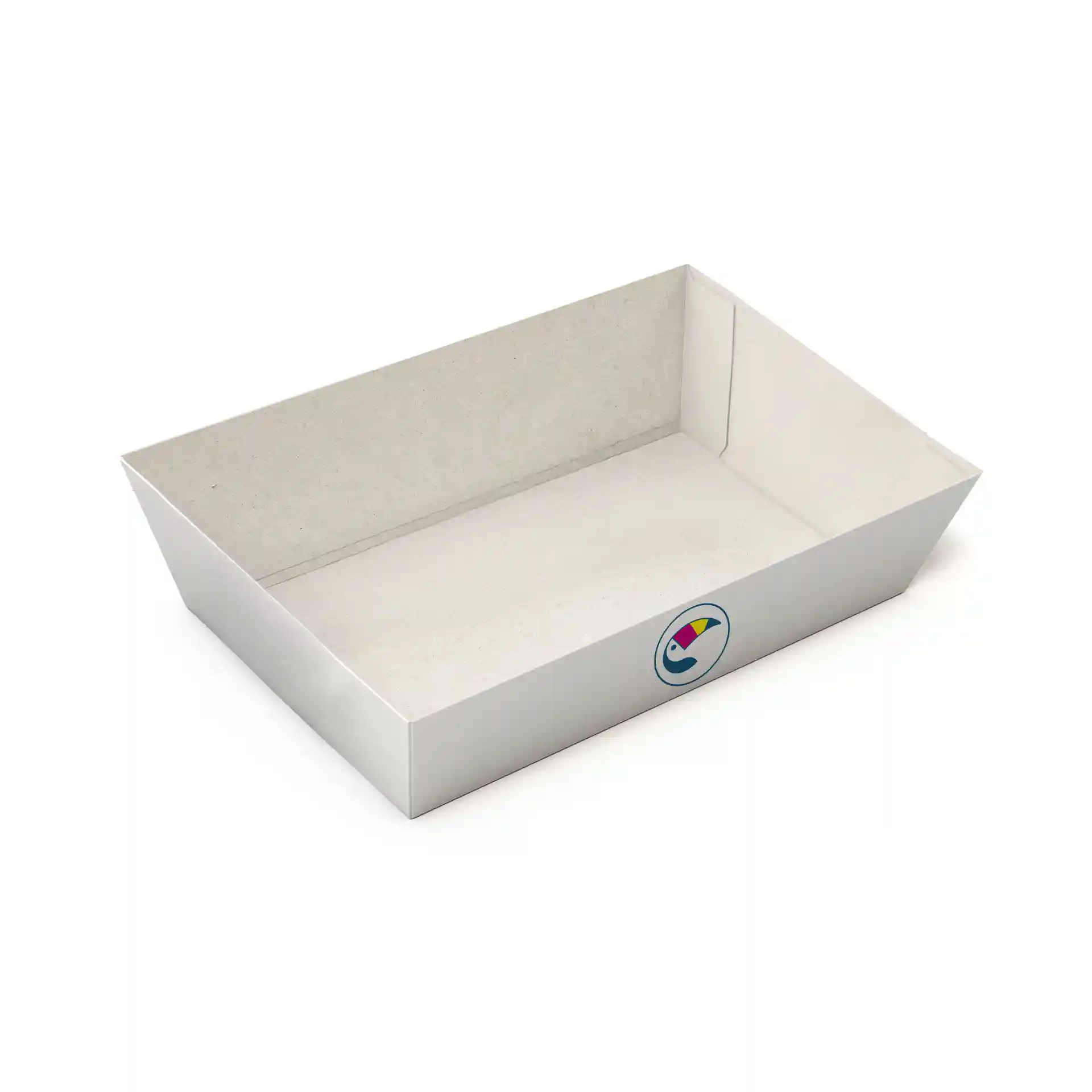 Plateau rectangulaire blanc mesurant 15,7 x 8,7 cm avec un logo sur un côté.