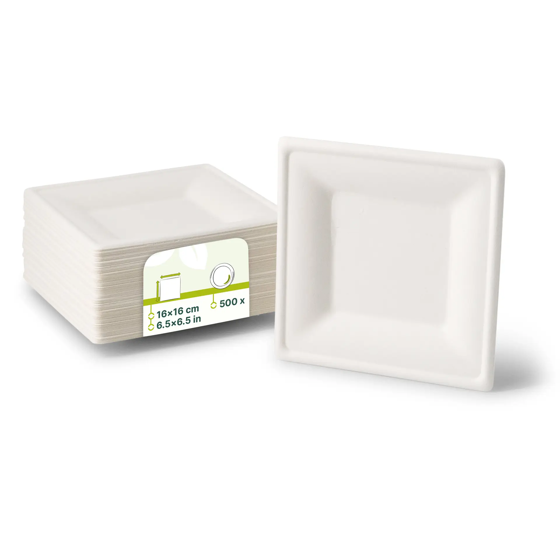 Assiette carrée en canne à sucre biodégradable, dimensions 16 x 16 cm, empilée avec une étiquette indiquant la quantité et la taille.