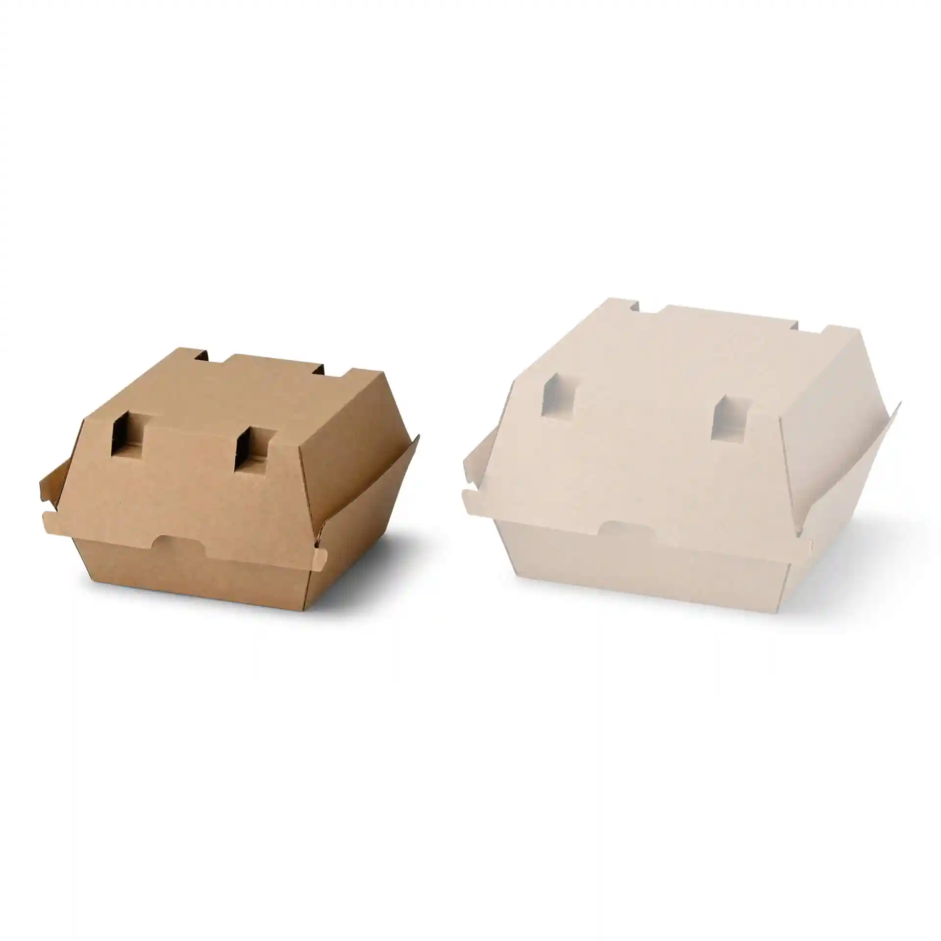 Boîtes à burger en carton marron et blanc, forme carrée, avec des rabats pour la fermeture, affichées côte à côte.