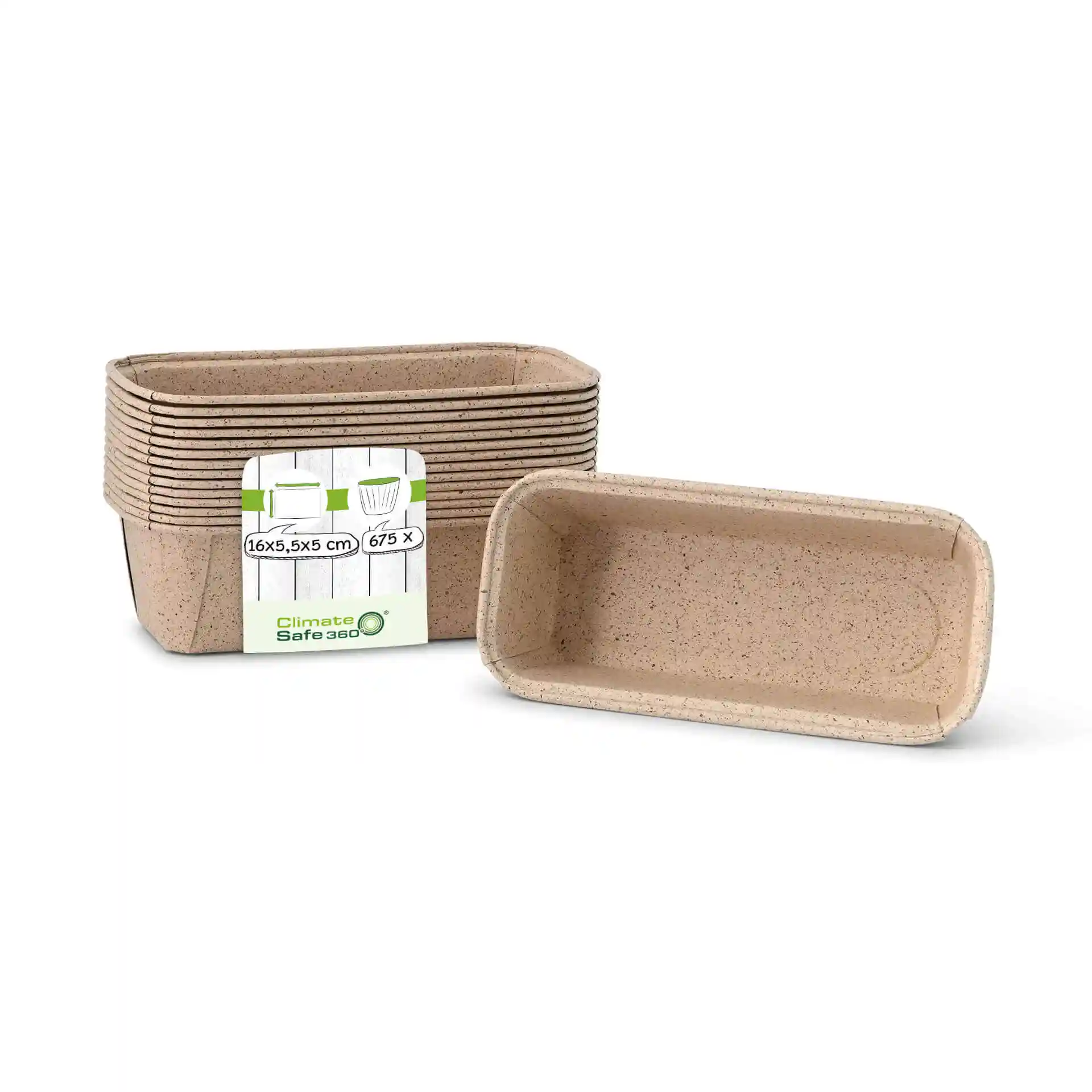 Moules à pâtisserie rectangulaires en papier cacao brun, mesurant 16 × 5,5 × 5 cm, plusieurs empilés derrière.