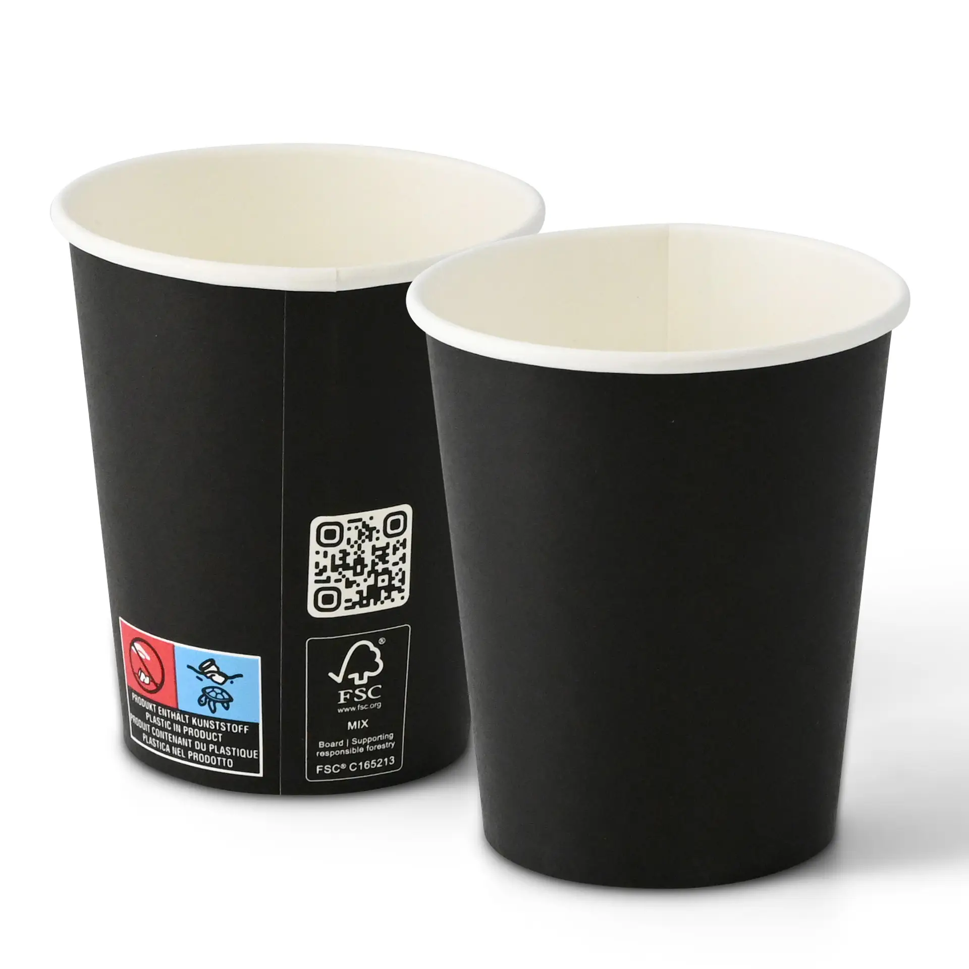 Gobelet en papier noir à paroi simple avec revêtement PLA, adapté aux boissons chaudes et froides ; présente des étiquettes et logos sur le côté.
