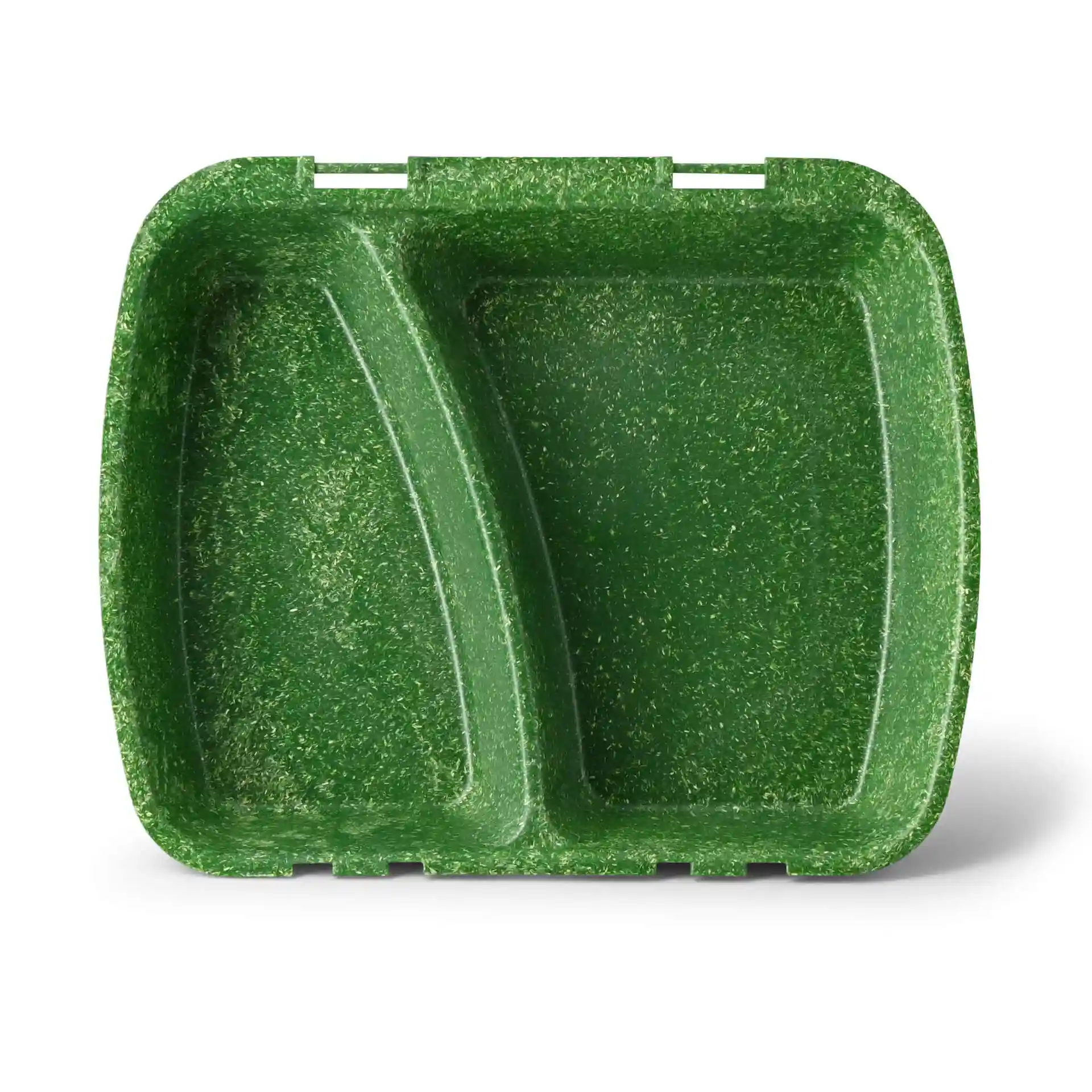 Conteneur de repas réutilisable vert foncé avec deux compartiments, mesurant 24,5 x 20 x 4,5 cm.