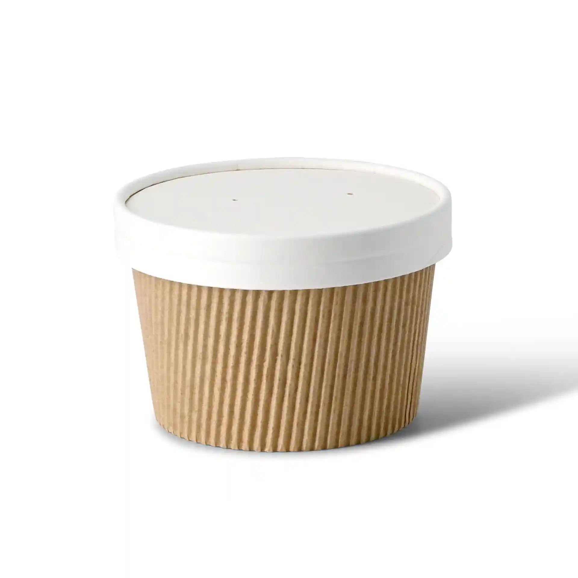 Conteneur en carton rond avec un couvercle blanc, présentant une texture nervurée sur les côtés.
