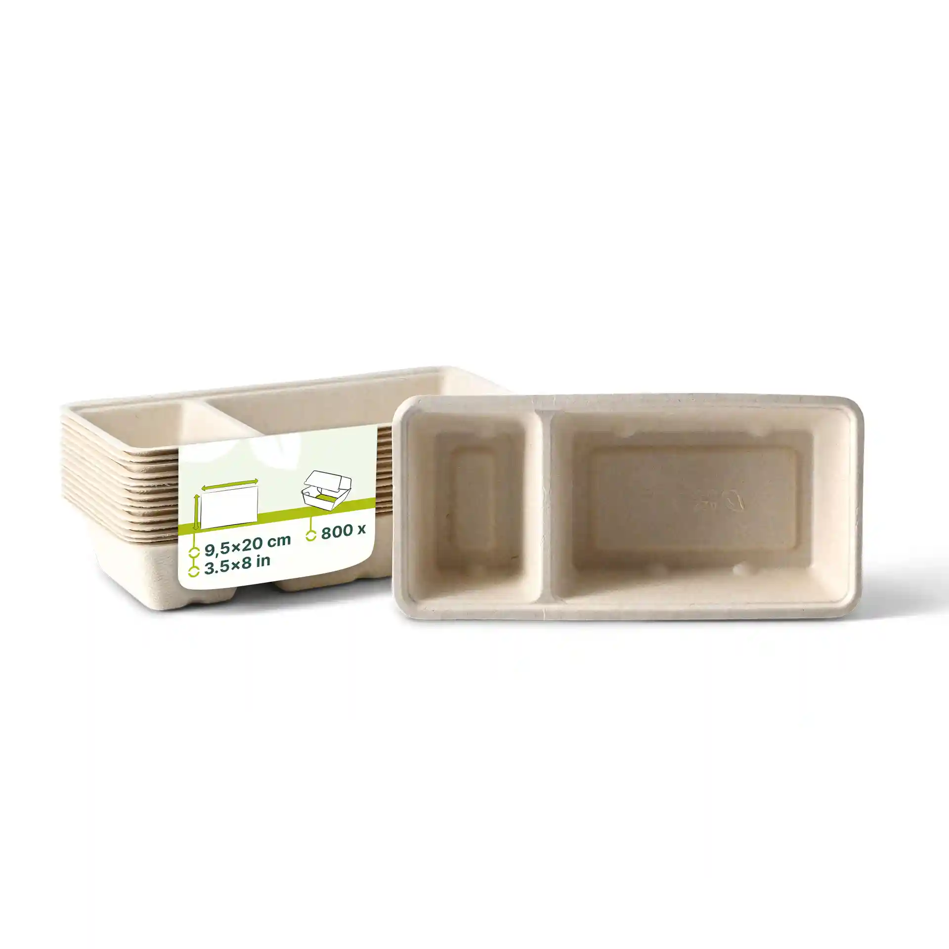 Plateau en bagasse blanc crème avec deux compartiments, mesurant 9,5 x 20 cm, présenté avec une étiquette.