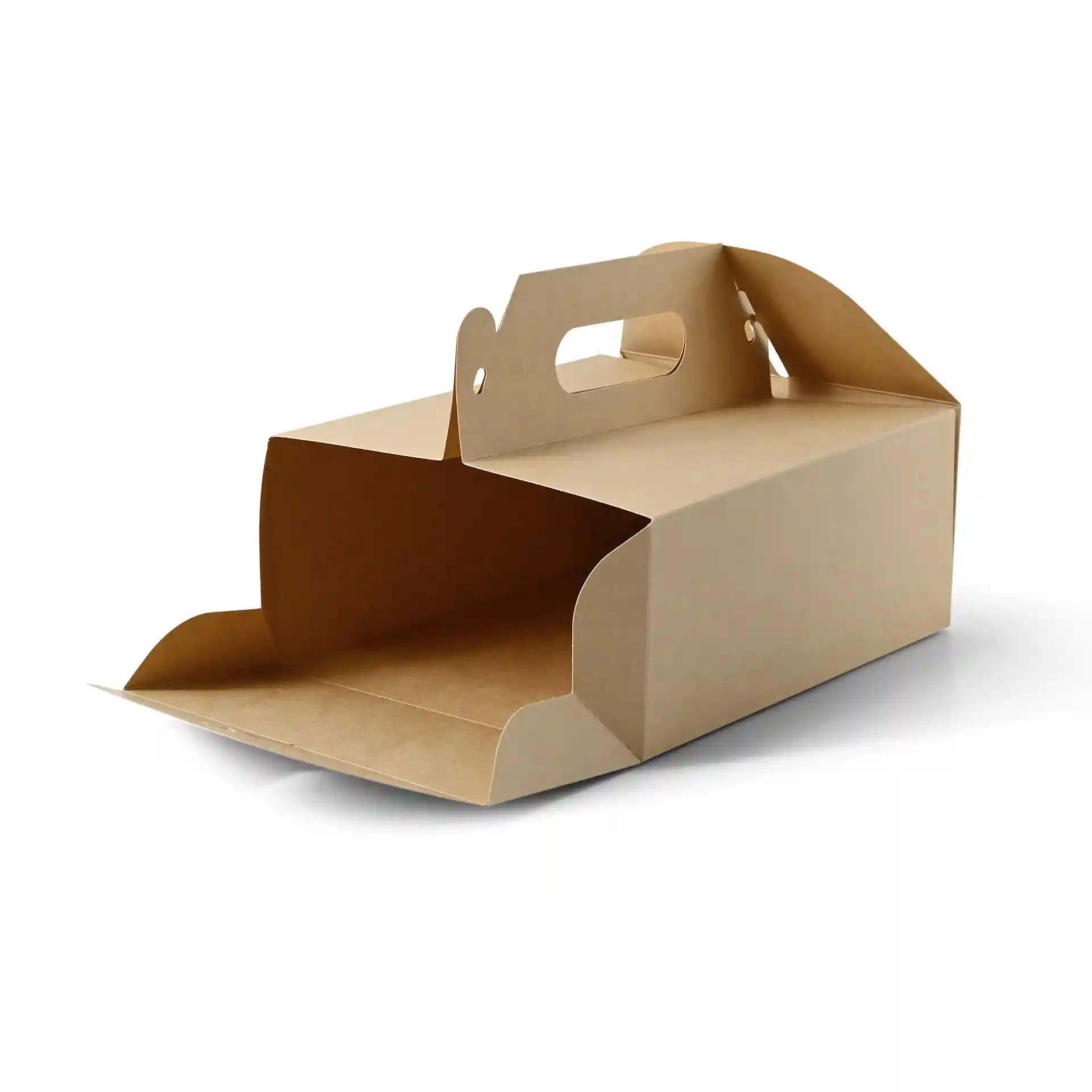Boîte à pâtisserie en carton brun avec poignée, forme rectangulaire, dimensions 21 x 17 x 9 cm, design pliable.
