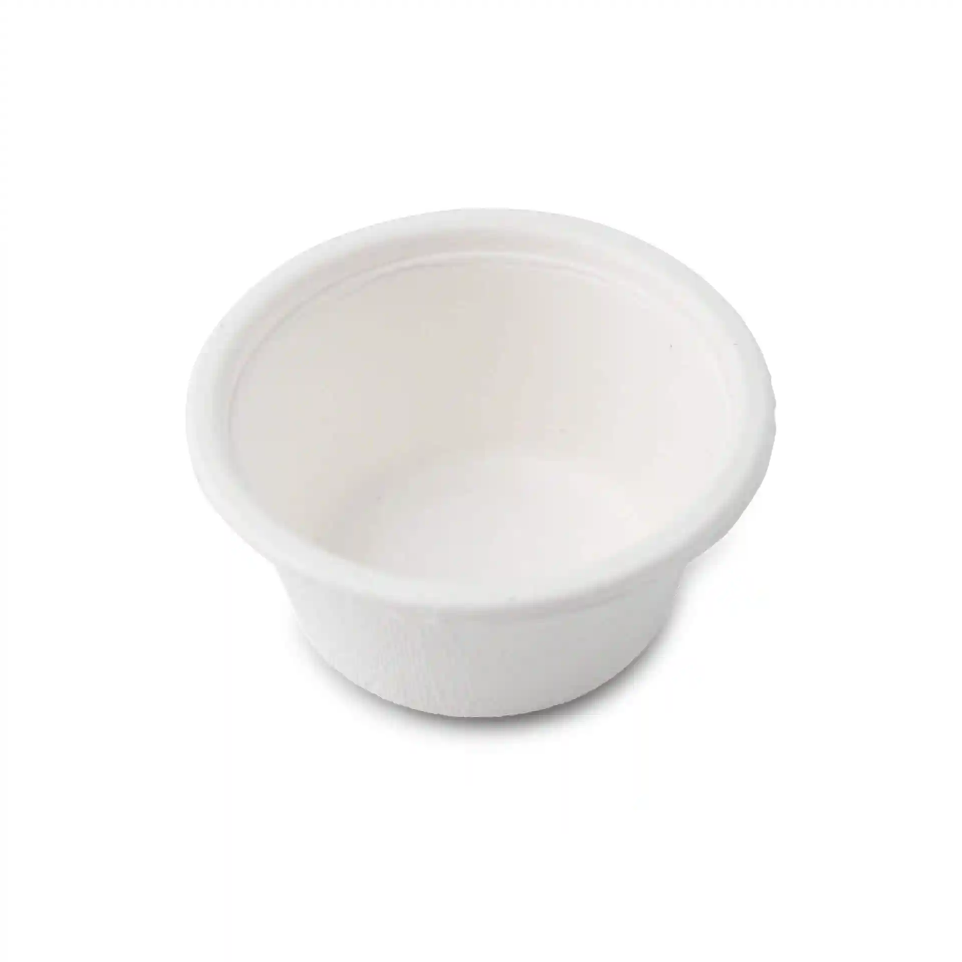 Gobelet rond blanc en bagasse d'un diamètre de 62 mm et d'une hauteur de 30 mm, adapté pour 50 ml.