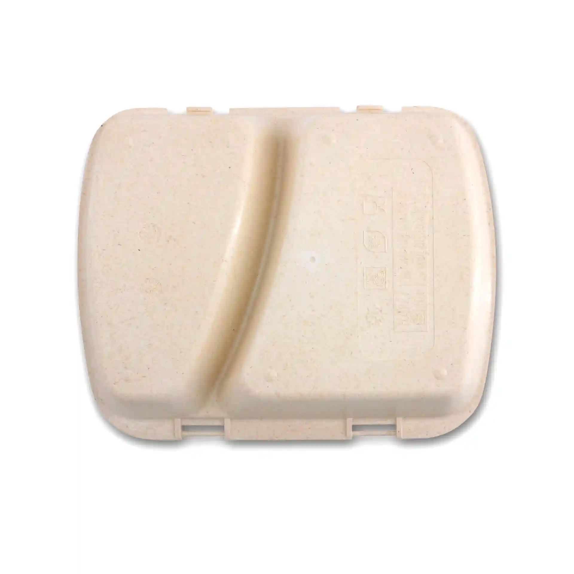 Conteneur de repas réutilisable blanc crémeux avec deux compartiments, mesurant 24,5 x 20 x 4,5 cm.