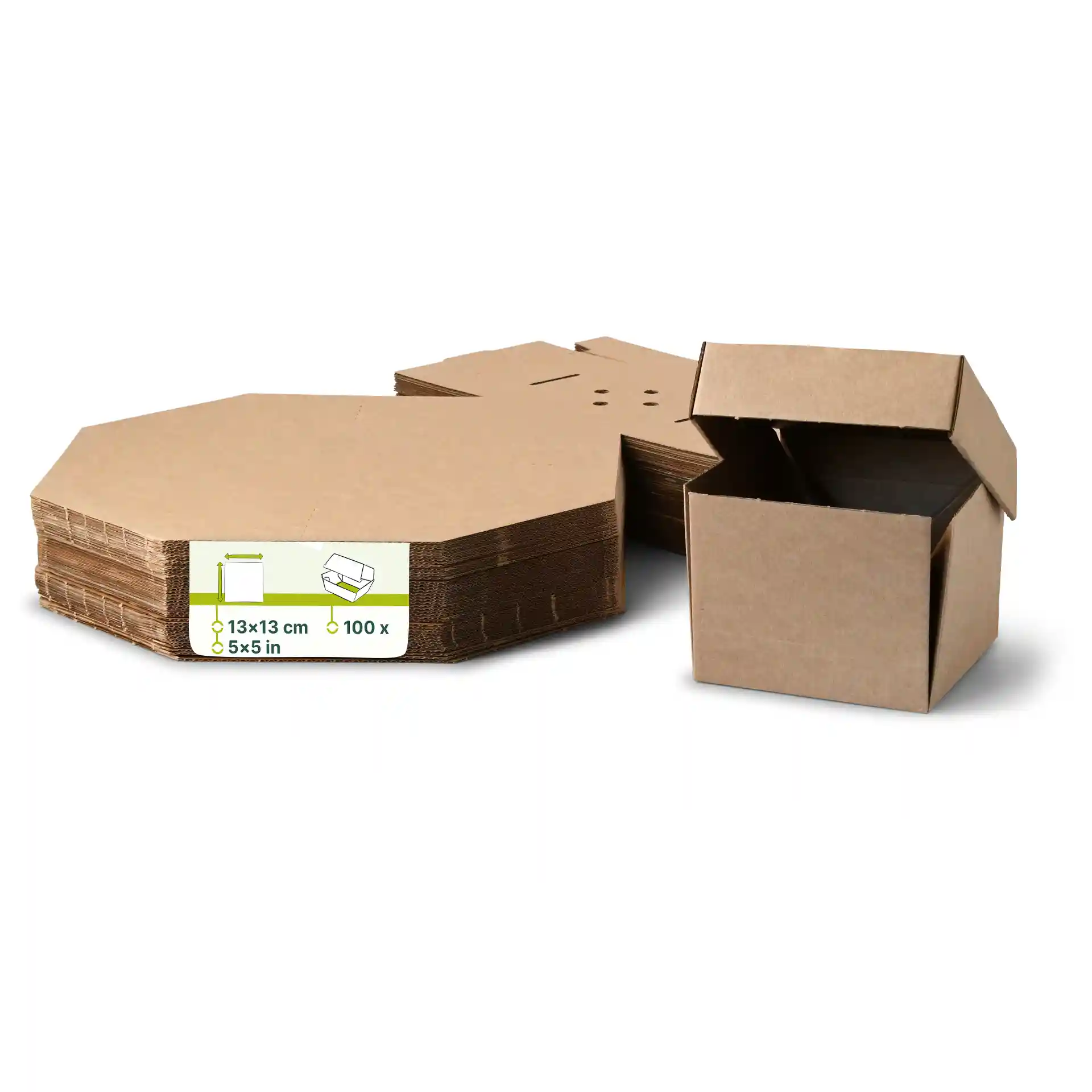 Boîte à burger en carton marron de forme carrée, mesurant 13 x 13 x 10 cm, à côté de boîtes pliées plates.