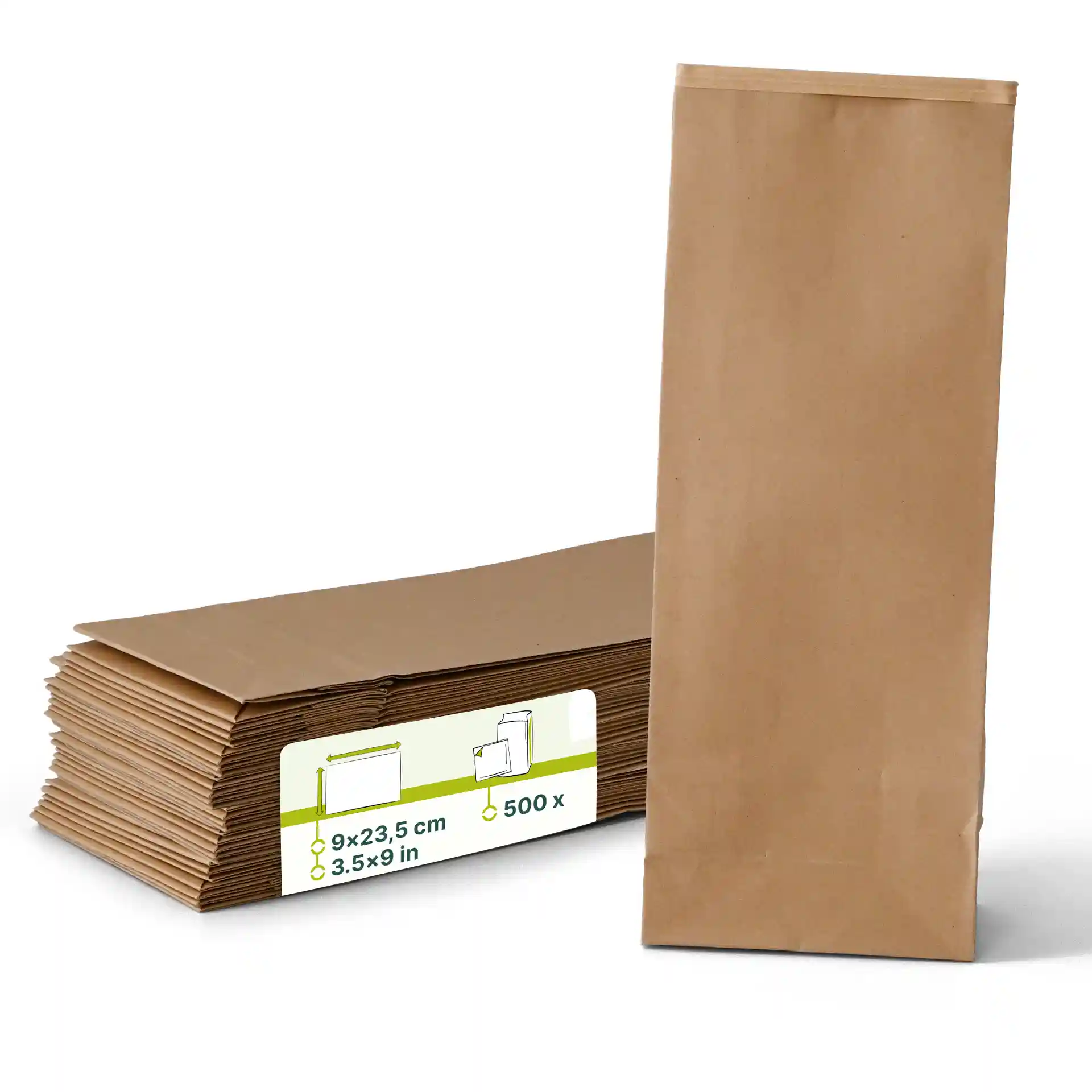 Sacs en papier kraft marron avec fond plat et attache en métal, mesurant 9 x 5 x 23,5 cm, empilés avec un sac debout.