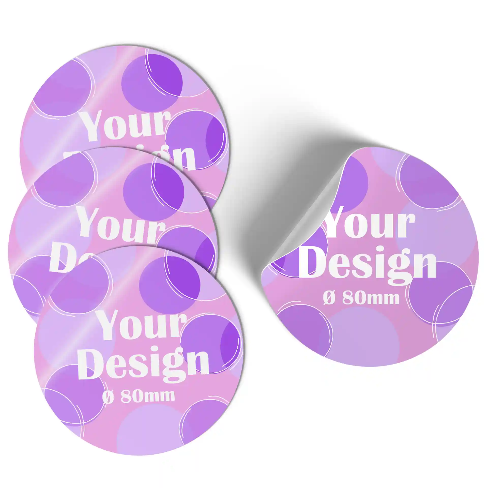 Étiquettes rondes imprimées avec finition brillante, design violet et rose, mesurant 80 mm de diamètre.