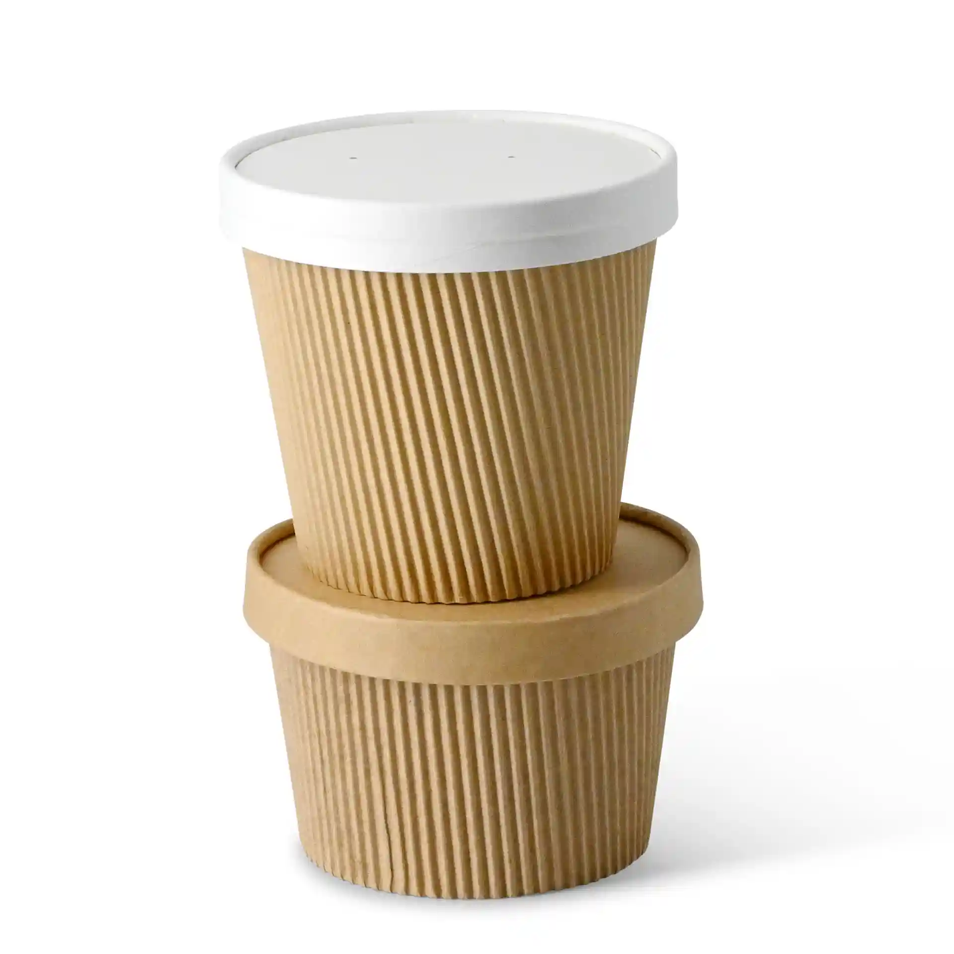 Tasses à soupe empilées en carton brun avec un couvercle blanc, montrant la forme ronde et un revêtement écologique.