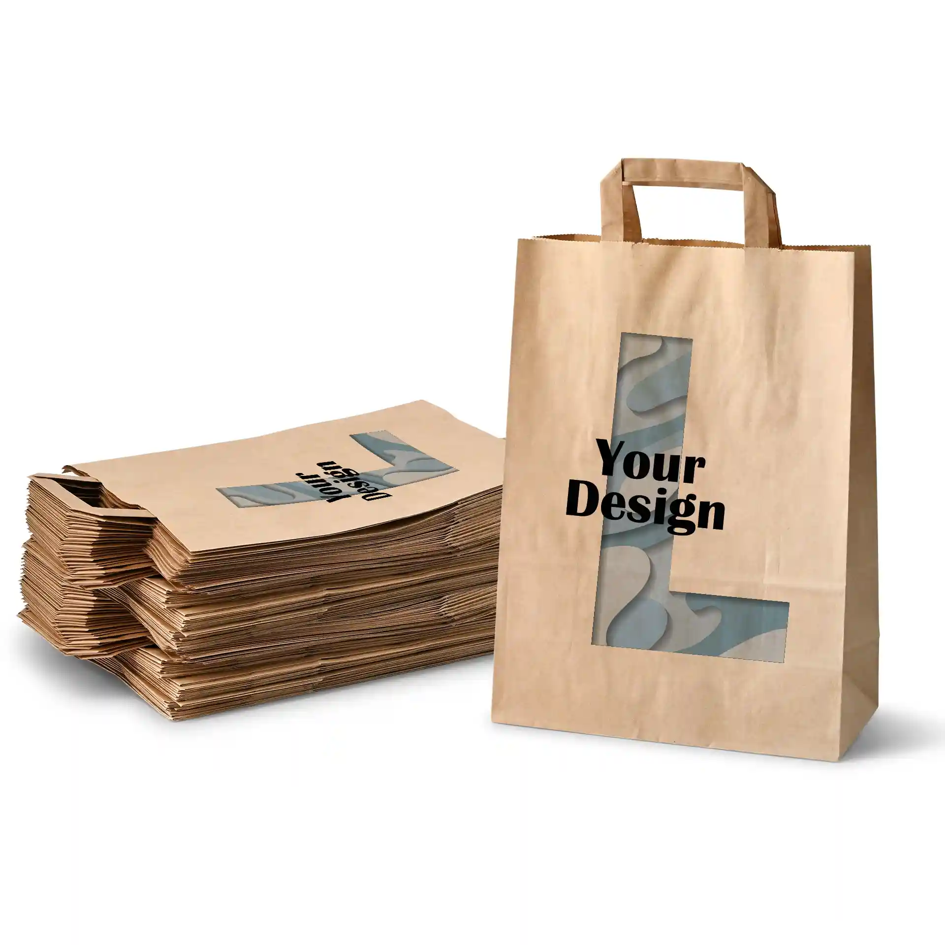 Sac en papier brun de forme rectangulaire, avec une fenêtre découpée et le texte "Votre Design".