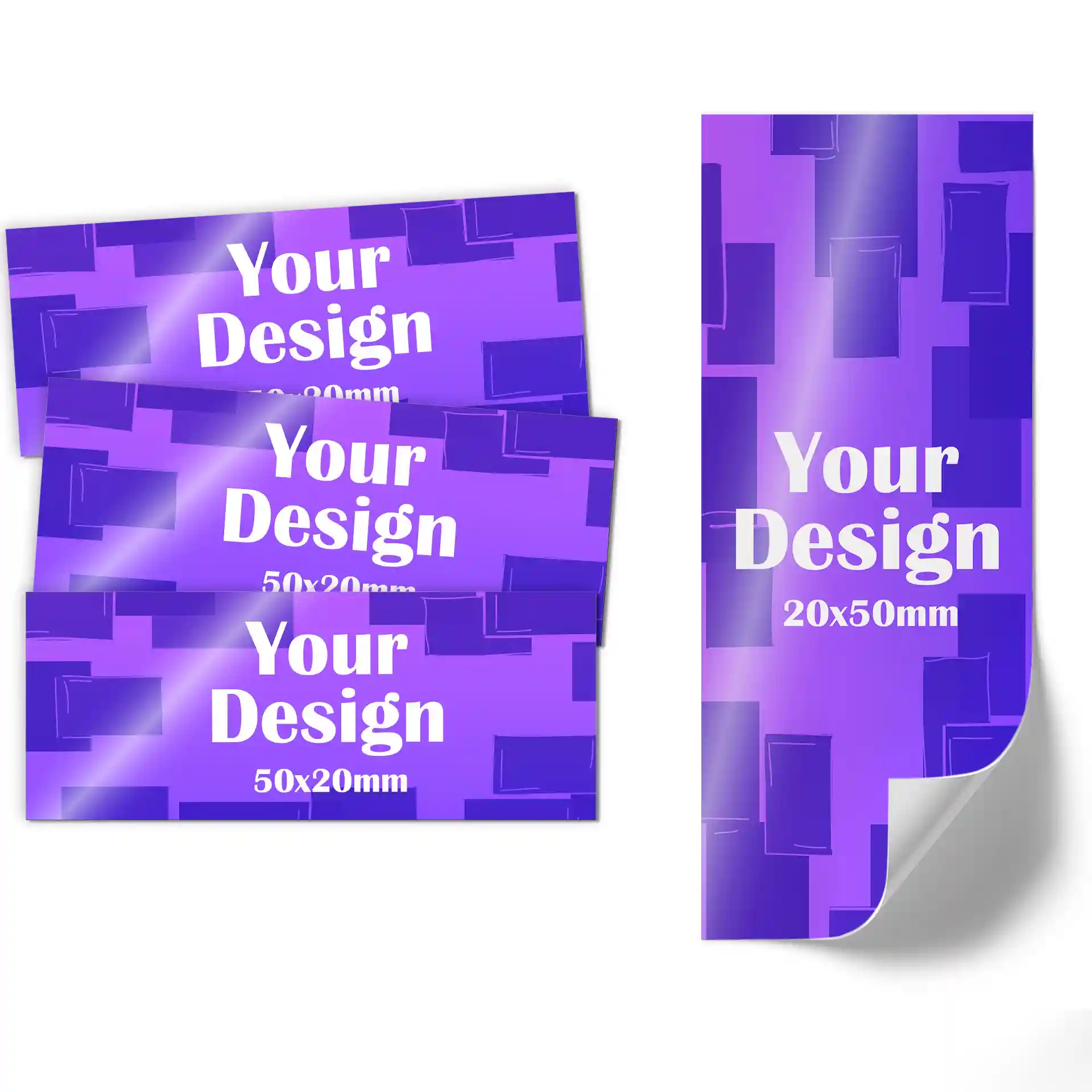 Image de rouleaux d'étiquettes imprimées sur fond violet, avec des étiquettes rectangulaires de 50x20 mm et 20x50 mm.