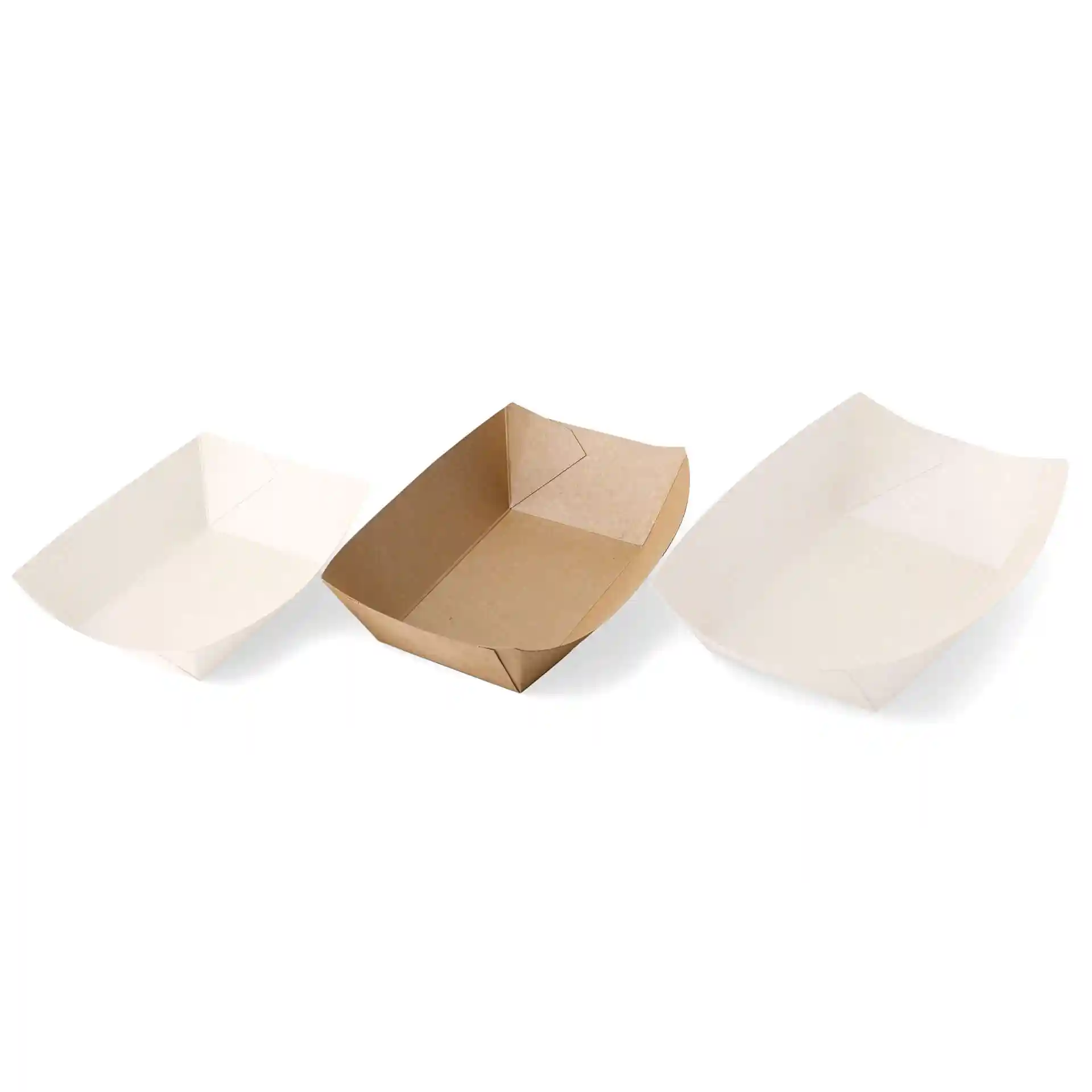 Trois plateaux alimentaires en carton rectangulaires, marron et blanc, avec un plateau marron au centre.