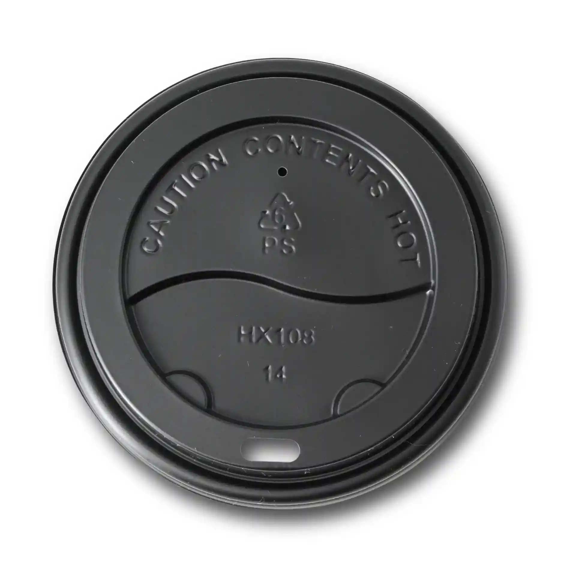 Couvercle en PS noir avec trou de boisson, diamètre de 90 mm, avec marquage d'avertissement en relief et surface lisse.