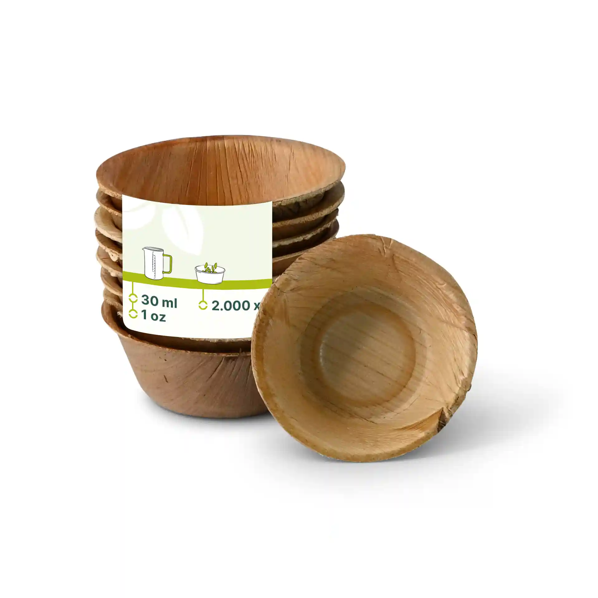 Empilement de cinq bols ronds en feuilles de palmier, avec un bol devant montrant une texture naturelle.