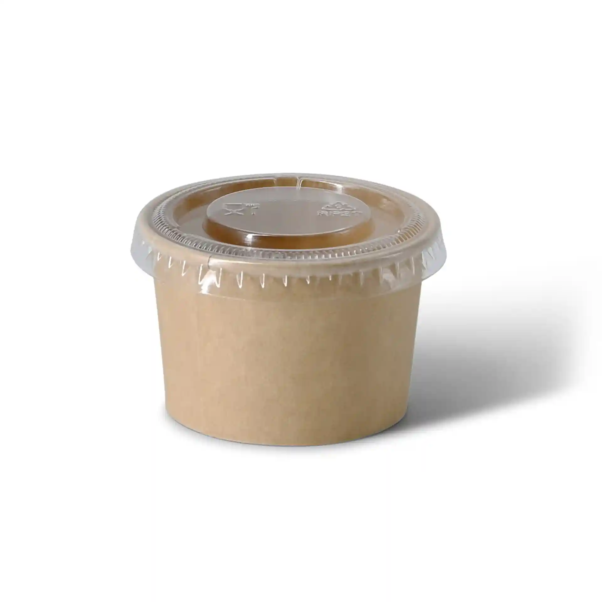 Conteneur rond en carton brun avec couvercle transparent, capacité de 40 ml, en carton enduit.