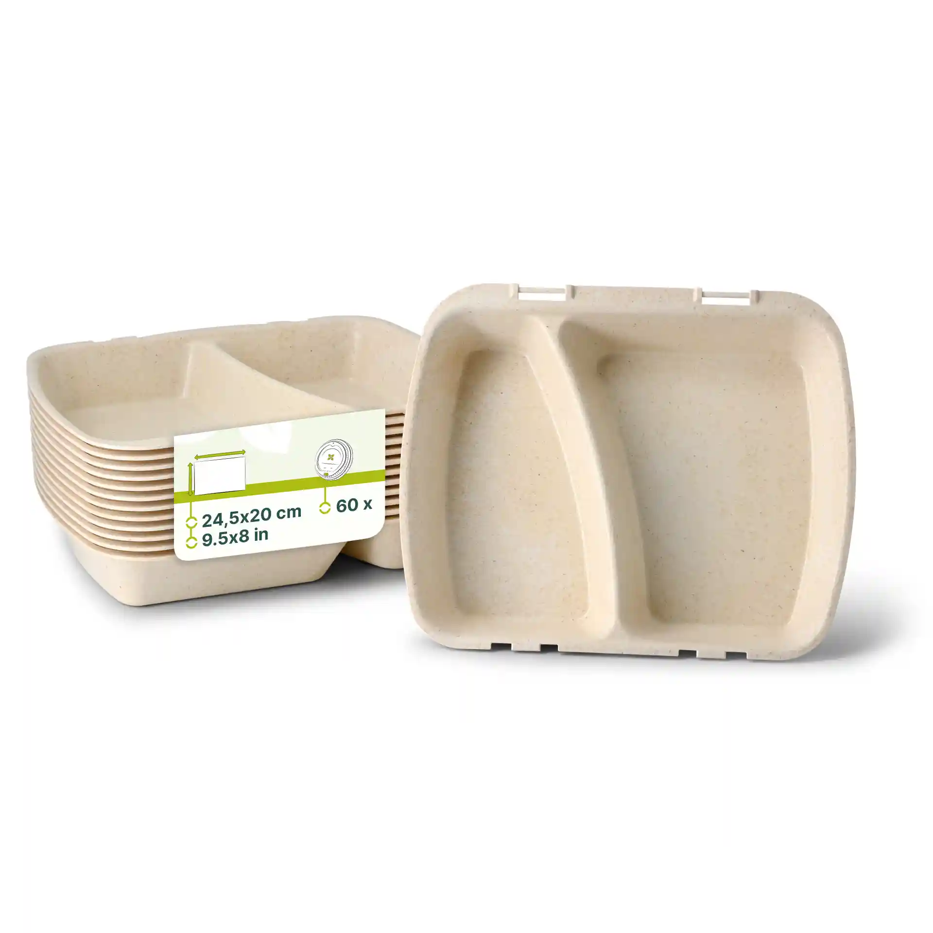 Contenants réutilisables à deux compartiments en blanc crème, mesurant 24,5 x 20 cm, empilés avec une étiquette.