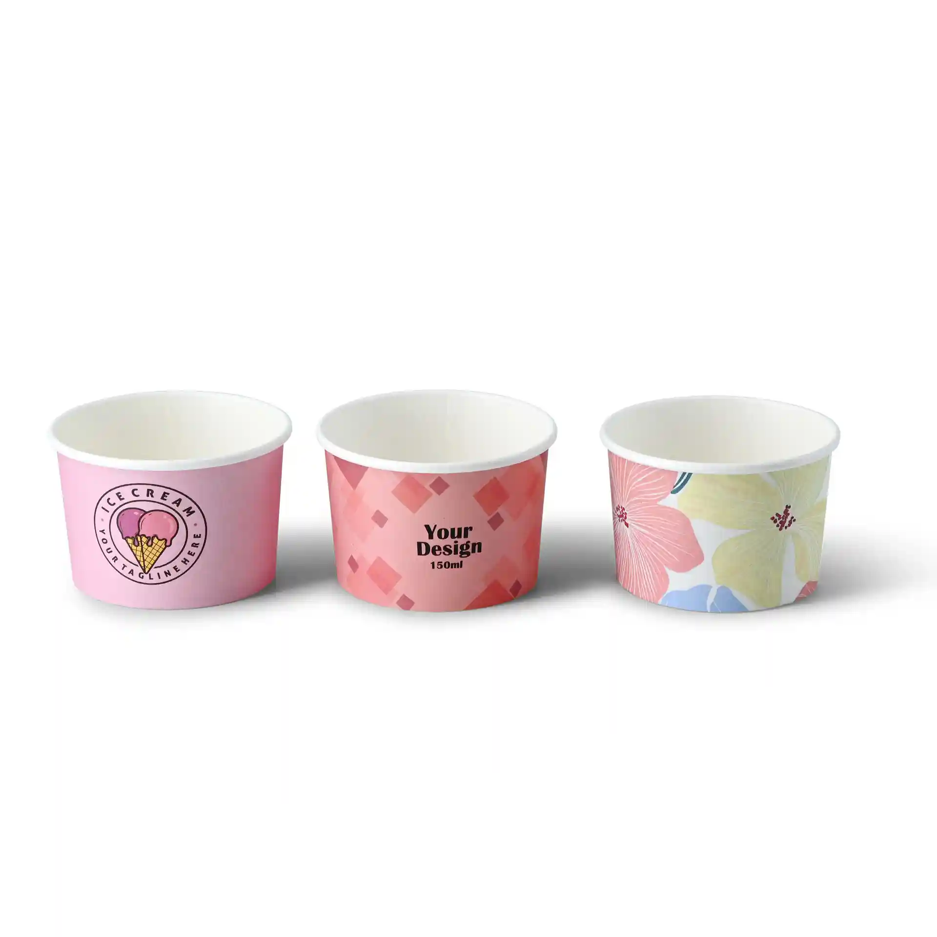 Trois gobelets en carton ronds pour glace avec des designs roses et floraux, chacun d'une capacité de 150 ml.