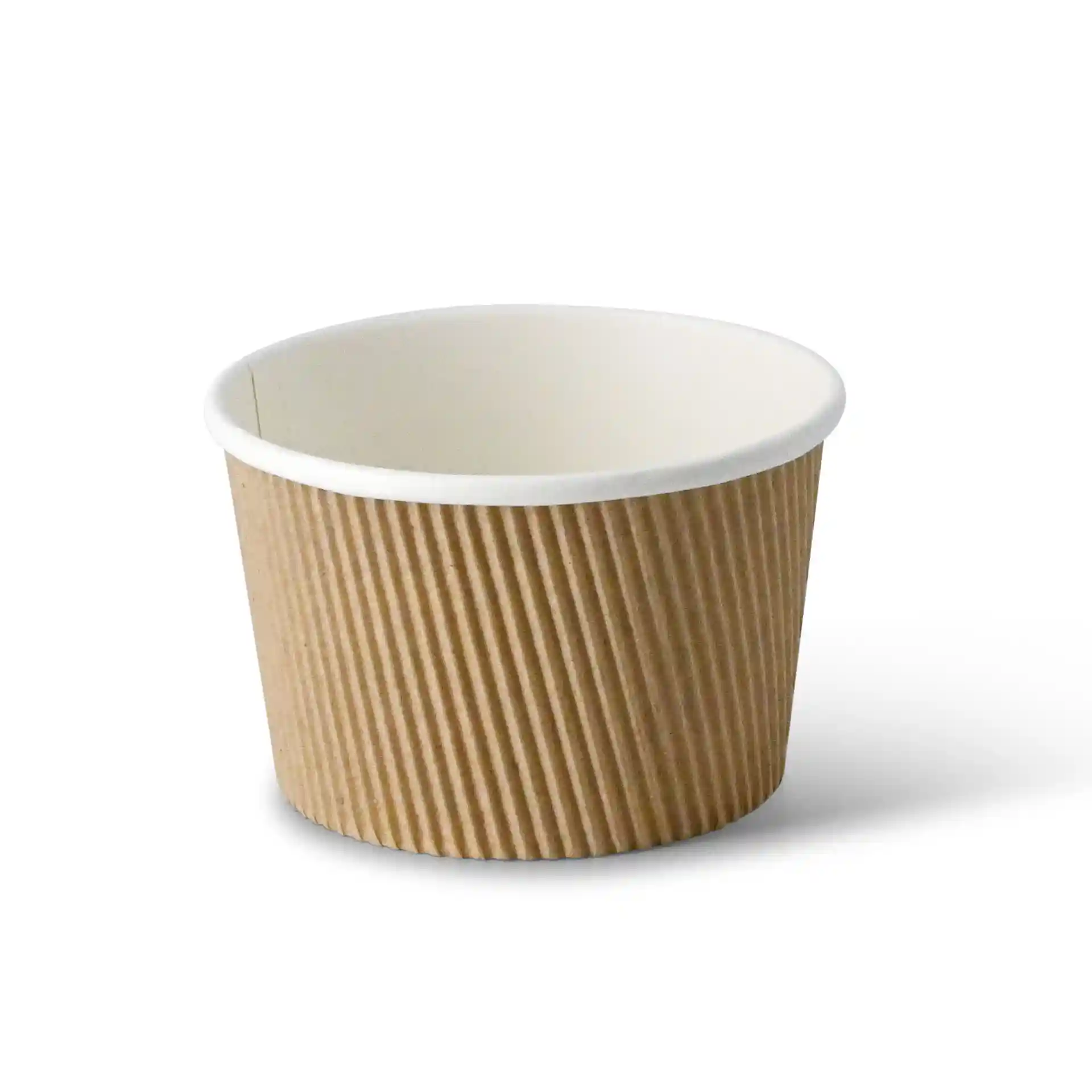 Gobelet en carton ondulé marron pour soupe avec intérieur blanc, forme ronde, capacité de 500 ml.