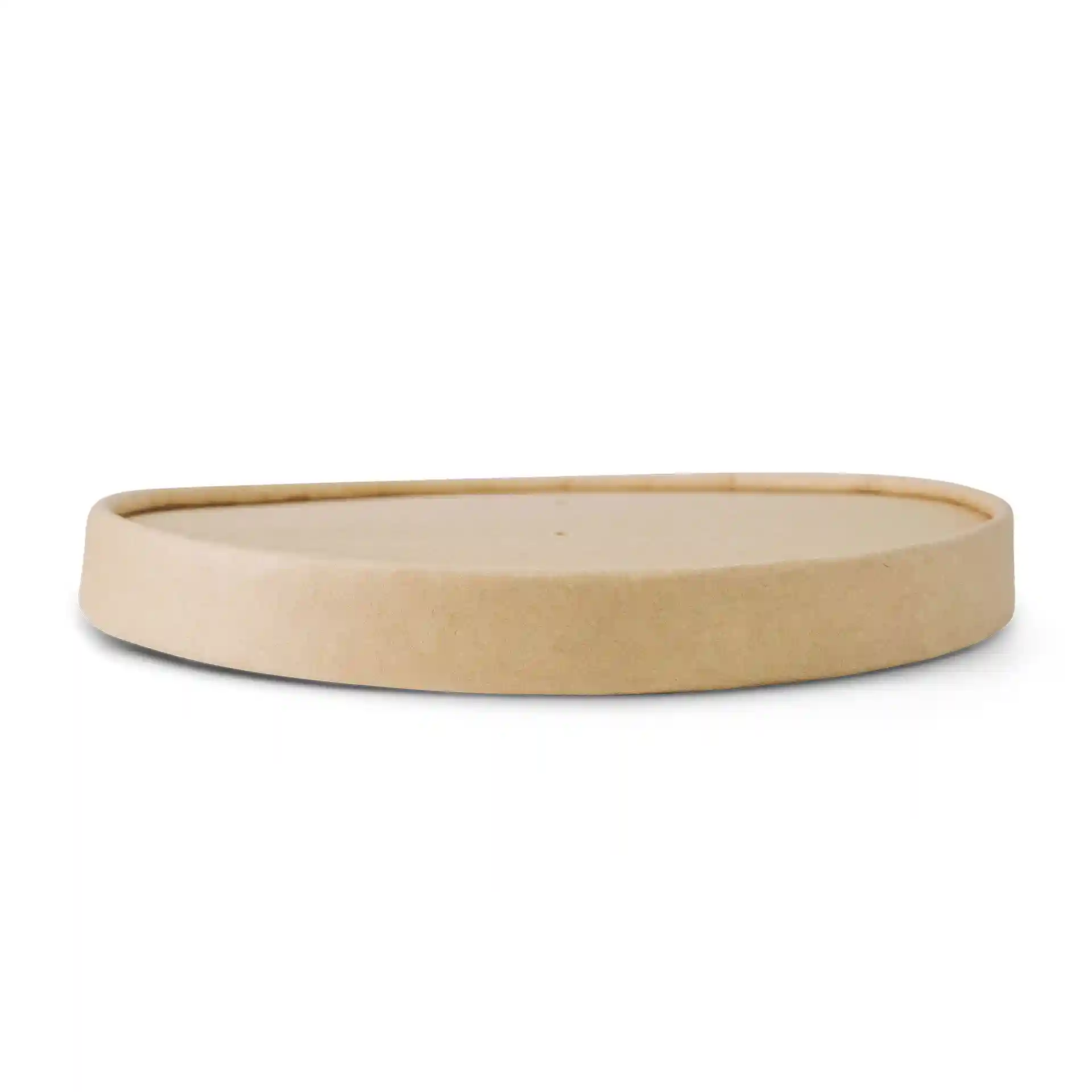 Couvercle rond en carton brun de 17 mm de hauteur et 150 mm de diamètre, avec un revêtement en PLA.