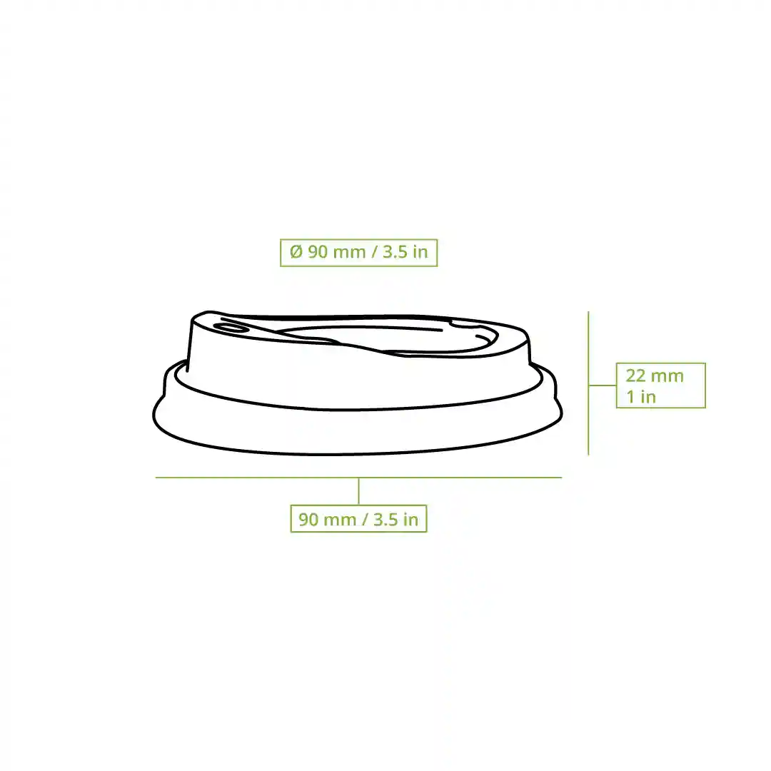 Dessin schématique d'un couvercle en canne à sucre blanc pour gobelets, dimensions 90 mm de diamètre et 22 mm de hauteur.