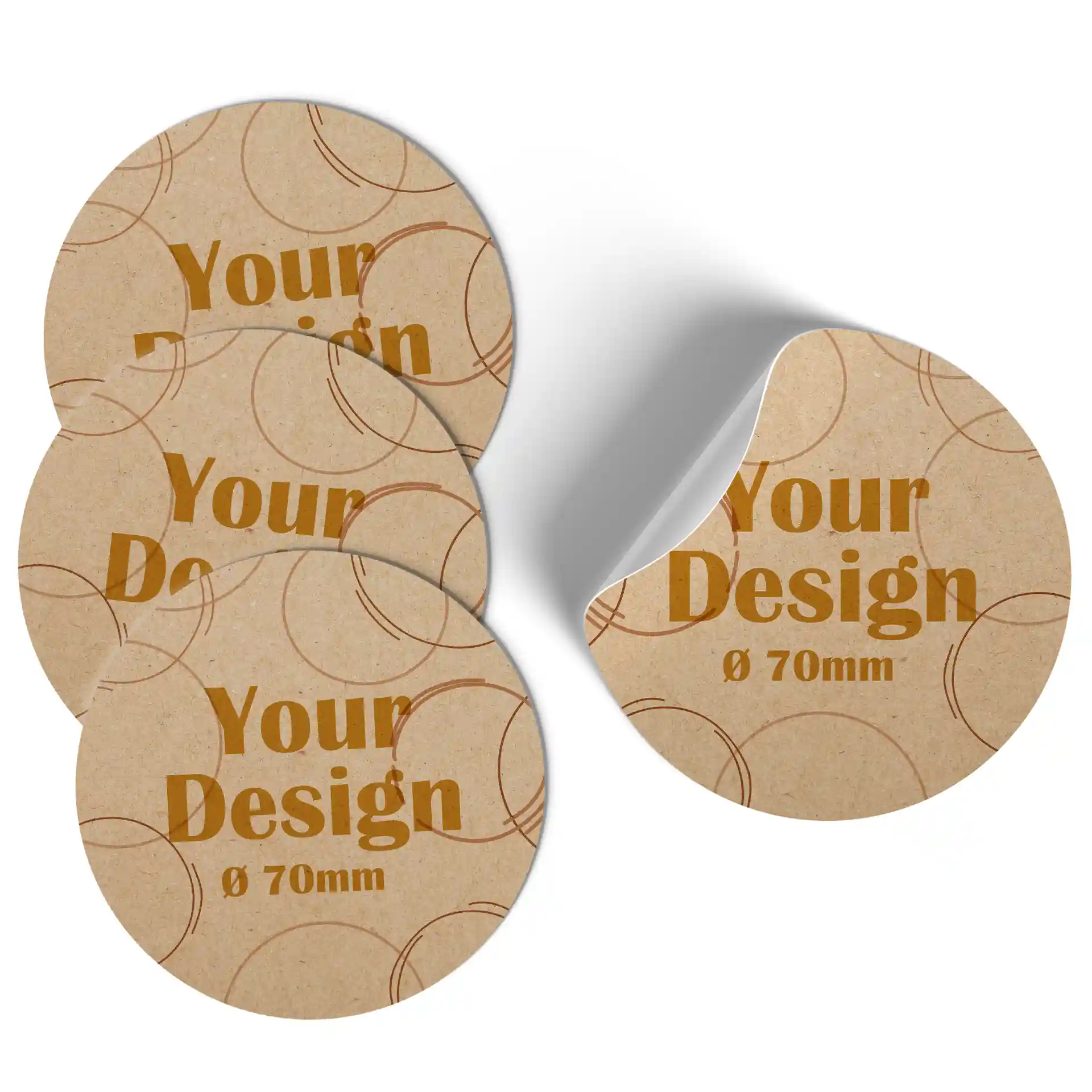 Étiquettes rondes imprimées en papier kraft de 70 g, finition mate brune, mesurant 70 mm de diamètre.