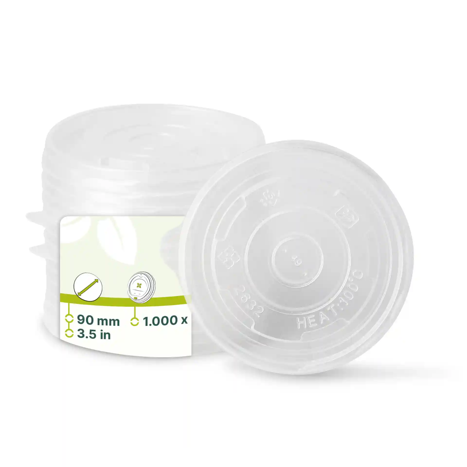 Couvercles plats ronds transparents en polypropylène de 90 mm de diamètre, empilés avec une étiquette.