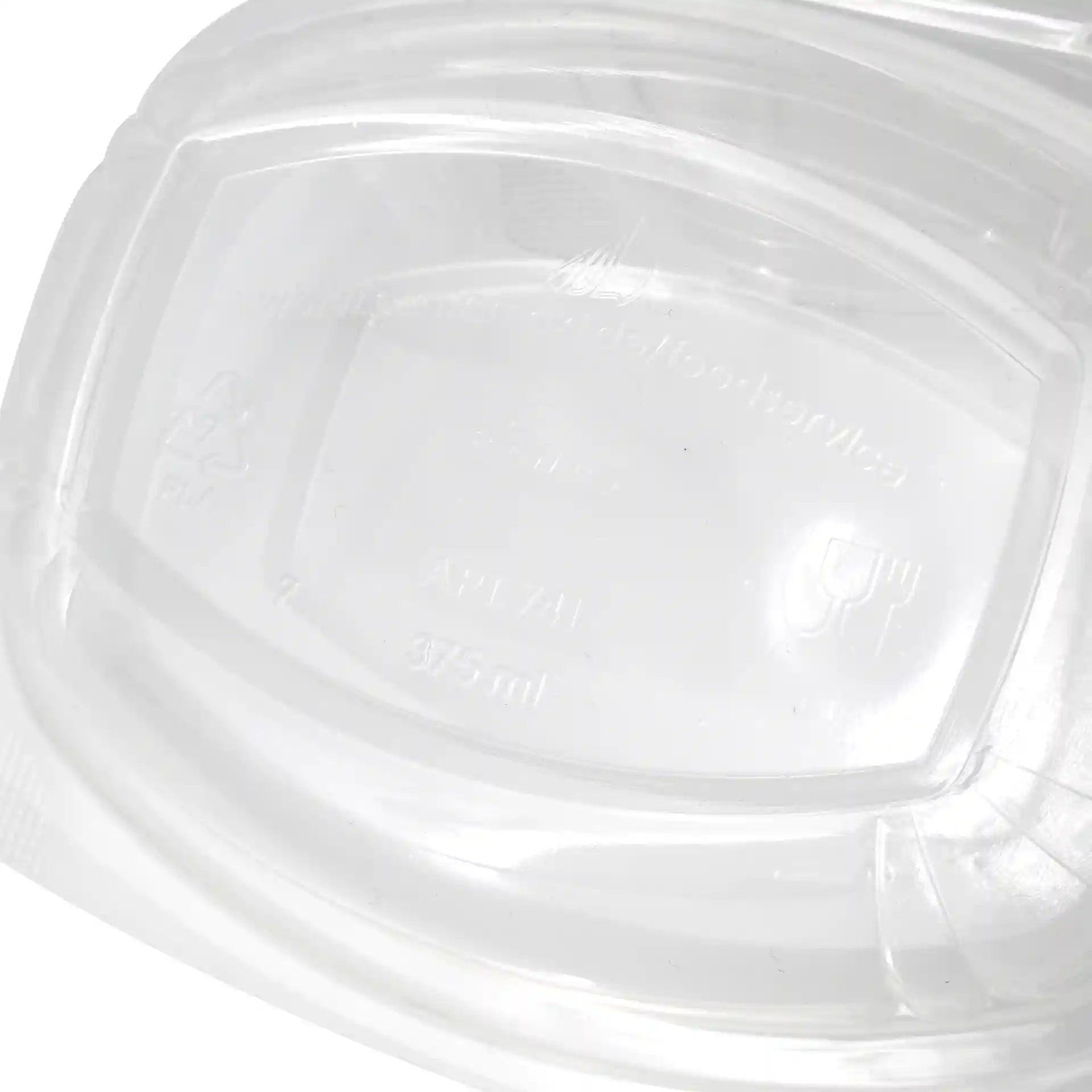 Bol rectangulaire en PLA transparent avec couvercle pliant, capacité de 375 ml, montrant des marquages internes.