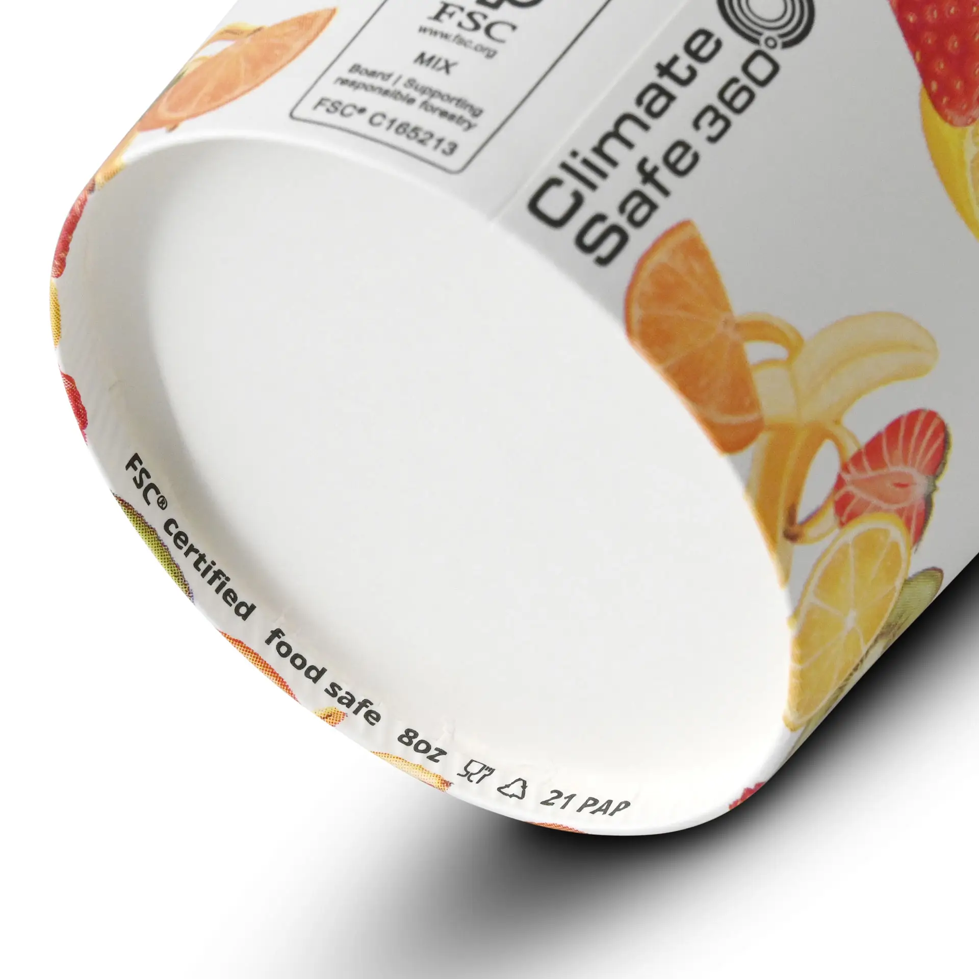 Gobelet en papier imprimé pour glace avec motif de fruits ; enduit PE, adapté aux aliments chauds et froids, capacité de 8 oz.