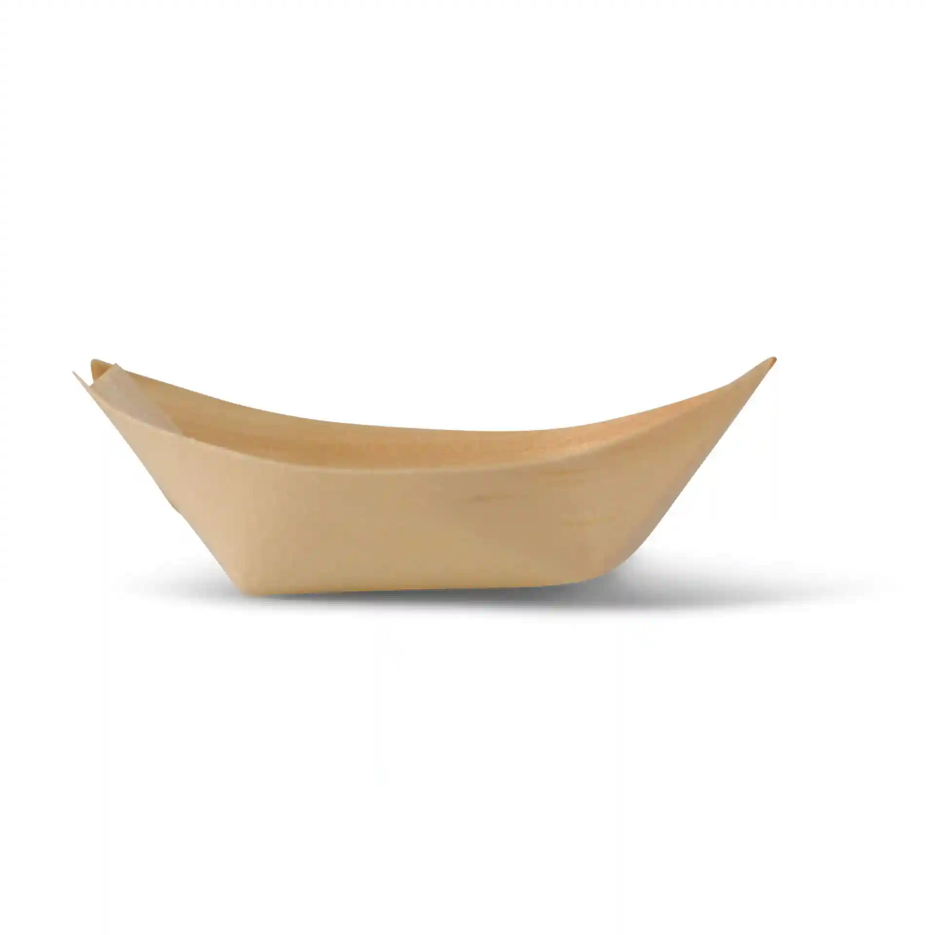 Conteneur en forme de bateau en bois, marron, mesurant 8 cm de long, en bois, avec une surface lisse.