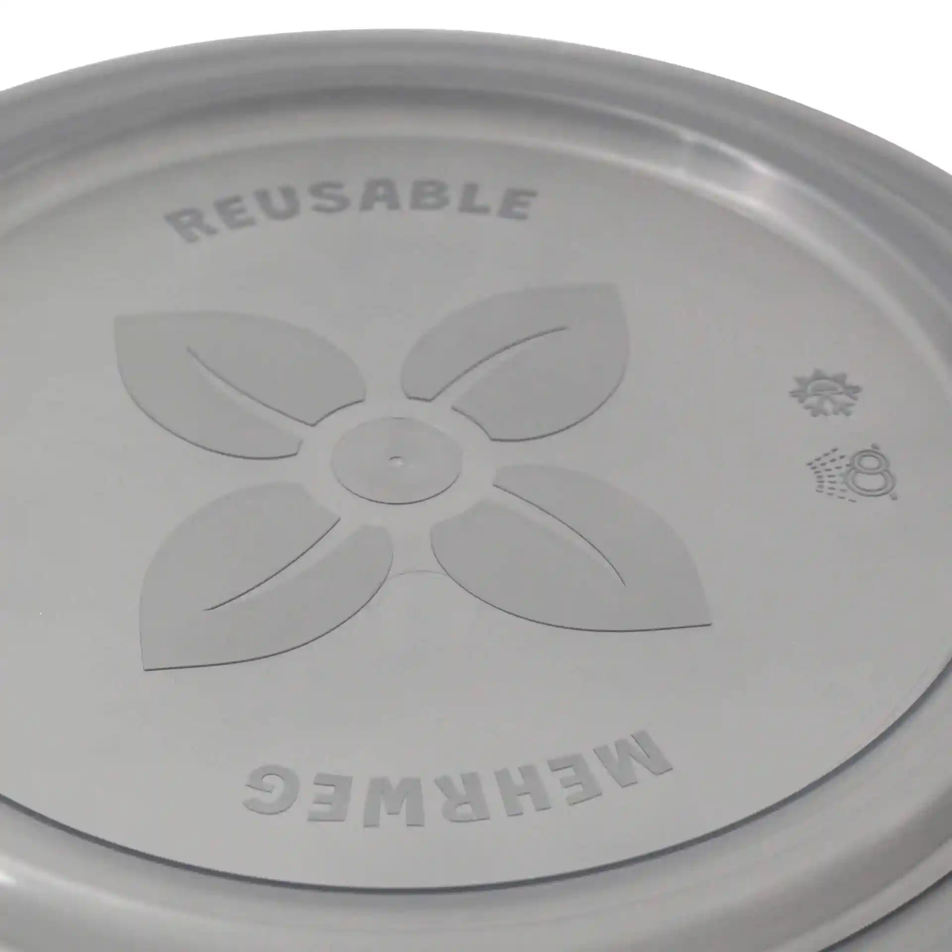 Couvercle rond gris réutilisable avec un design floral et des marquages, en polypropylène, mesurant 185 mm de diamètre.