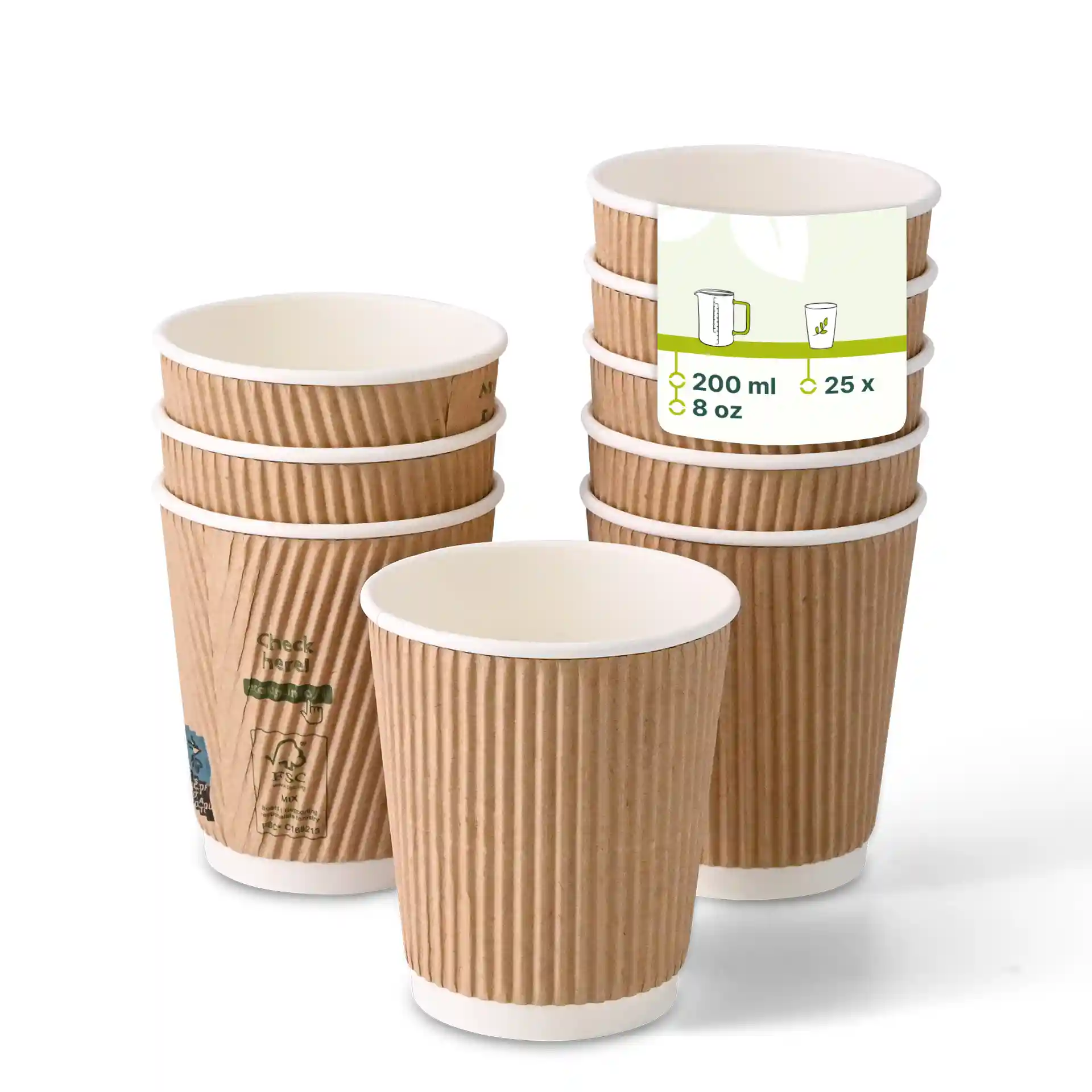 Empilement de huit tasses brunes striées de 8 oz avec intérieurs blancs, une tasse est positionnée devant.