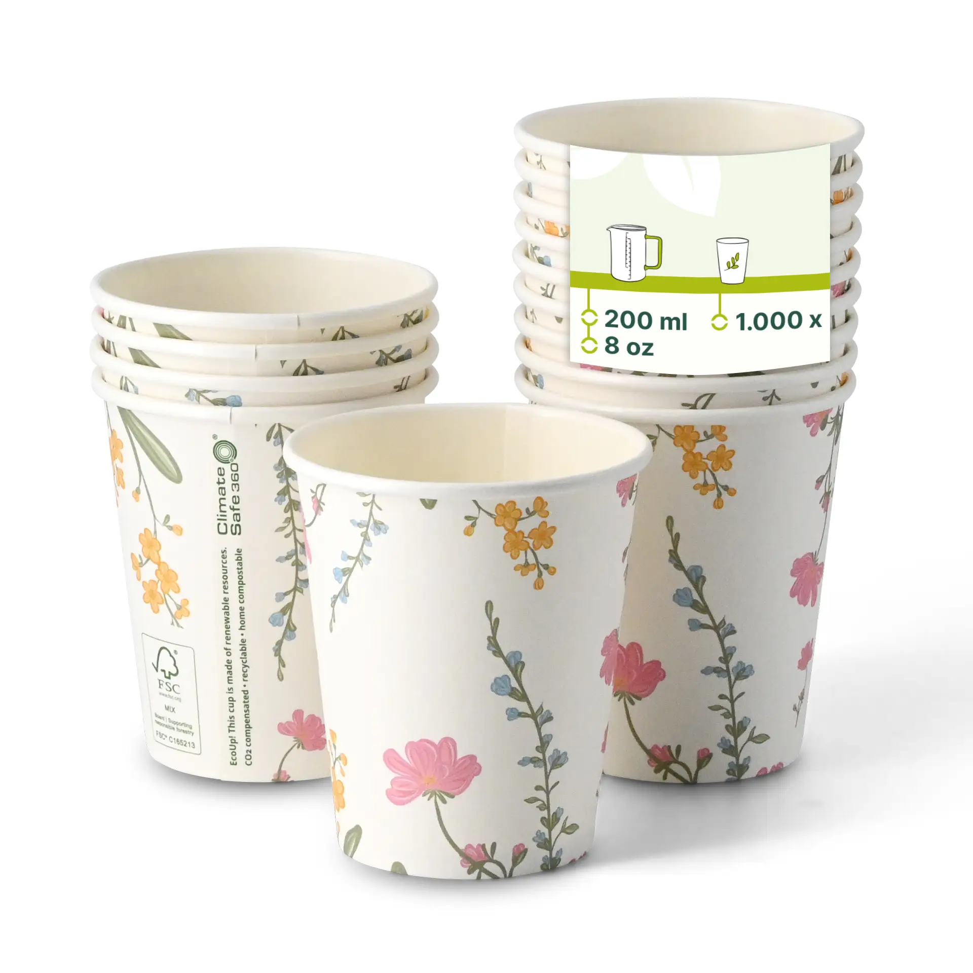 Gobelet en carton imprimé "Printemps" 200 ml / 8 oz, Ø 80 mm, blanc