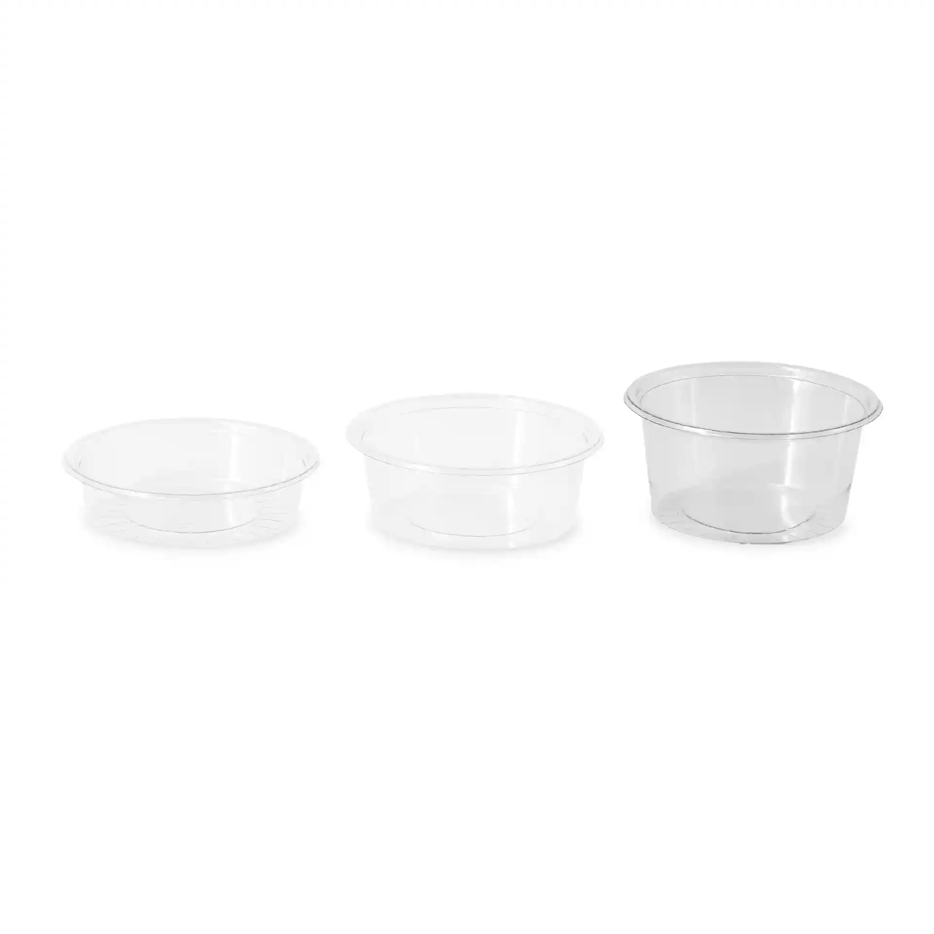 Image de trois pots à sauce rPET transparents de tailles variées, chacun de forme ronde et apparence transparente.