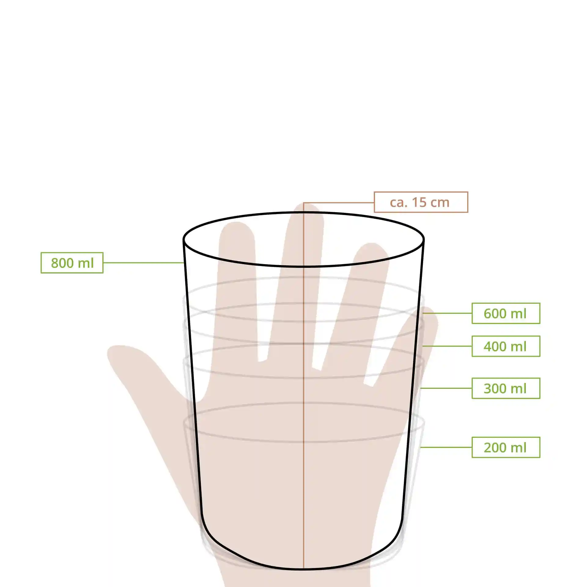 Dessin schématique d'un gobelet en carton blanc rond avec des lignes de mesure indiquant des volumes de 200 ml à 800 ml et une hauteur de 15 cm.