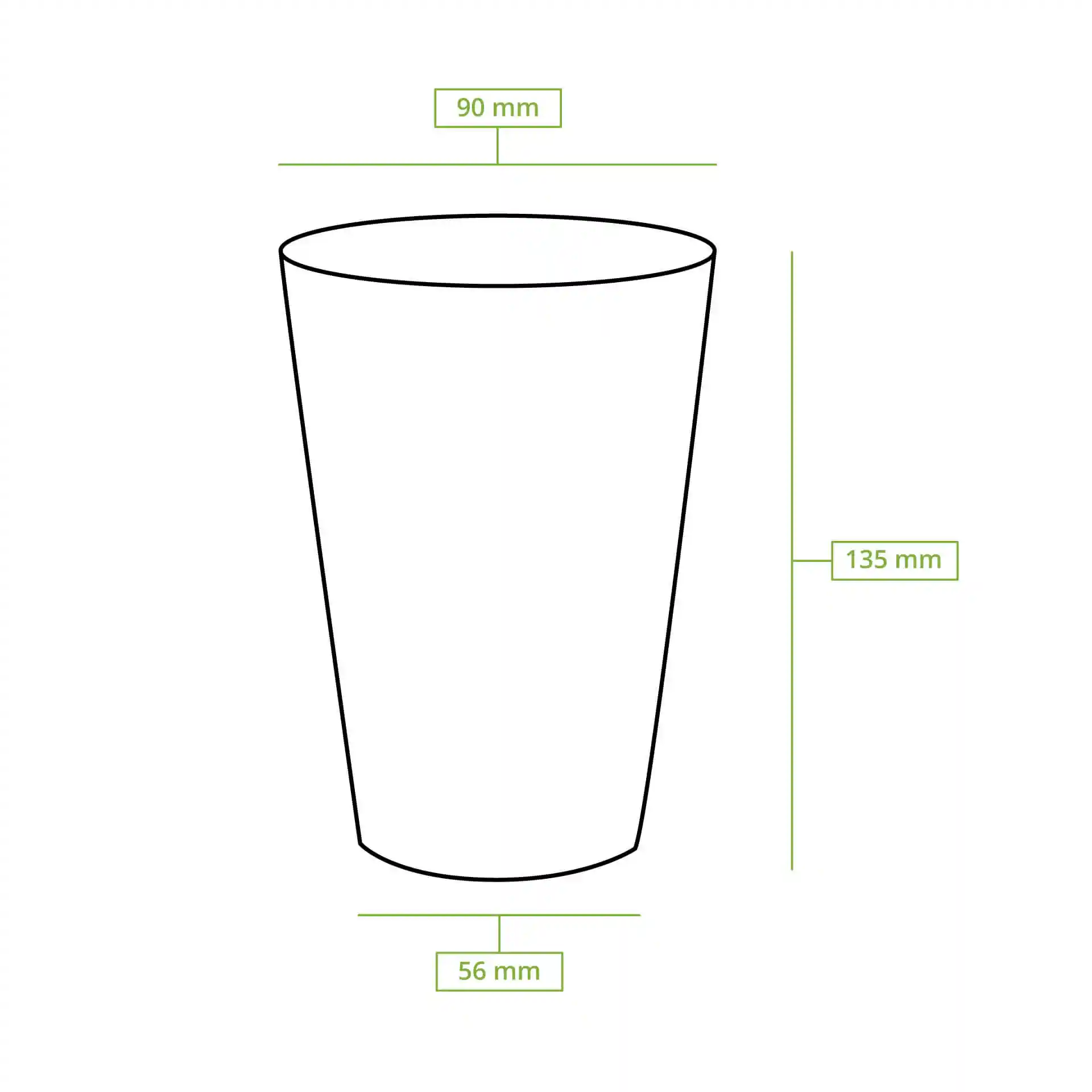 Dessin schématique d'un gobelet en papier rond avec dimensions : hauteur 138 mm, diamètre supérieur 90 mm, diamètre inférieur 60 mm.