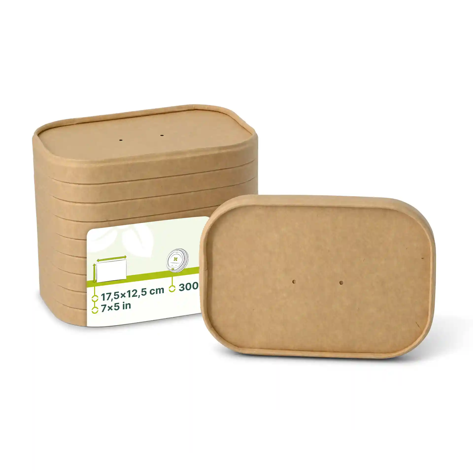 Couvercles en carton rectangulaires bruns empilés, avec un couvercle devant montrant deux petits trous et une étiquette avec les dimensions.