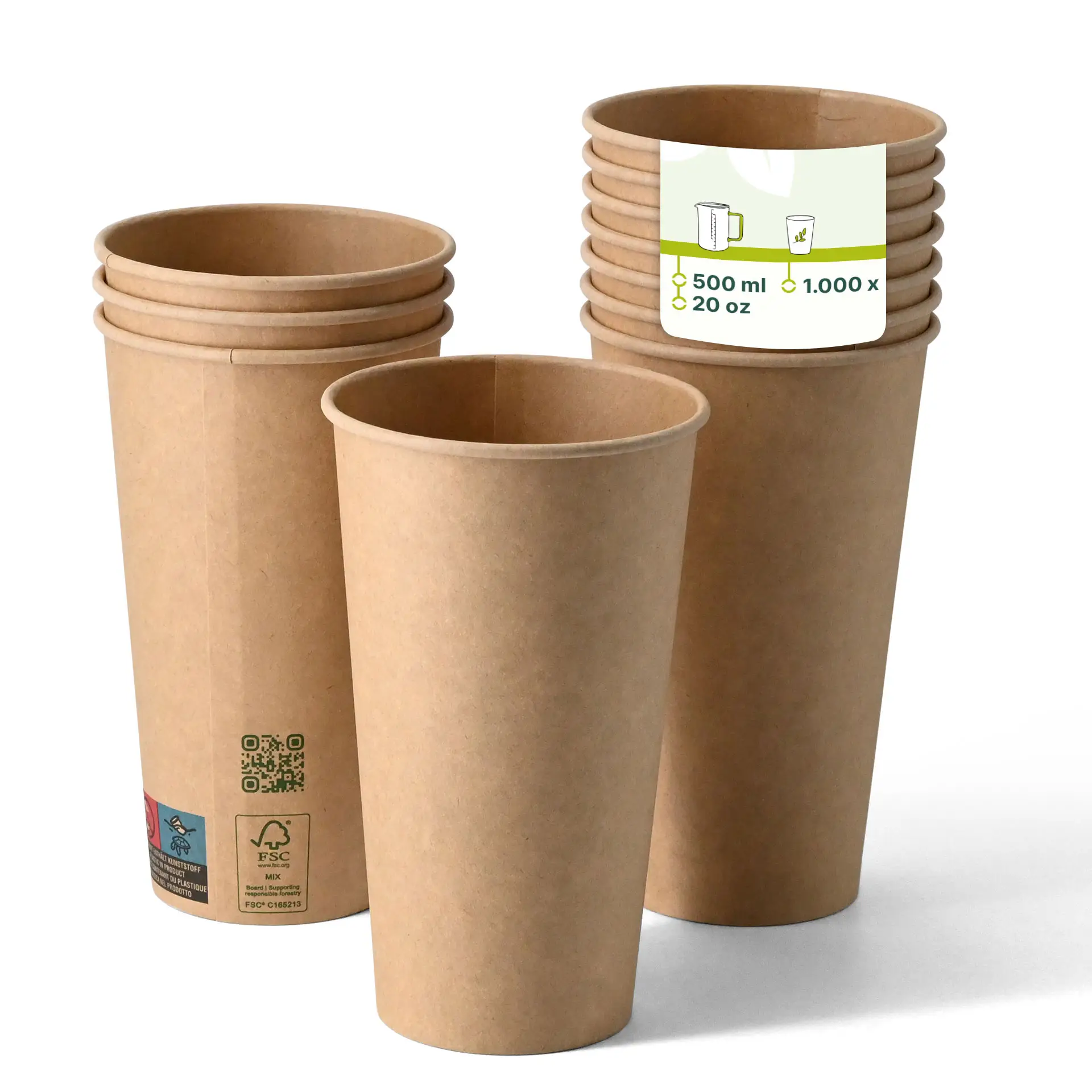Gobelets en papier brun à paroi simple avec revêtement PLA, 500 ml, adaptés aux boissons chaudes et froides, empilés avec étiquettes visibles.
