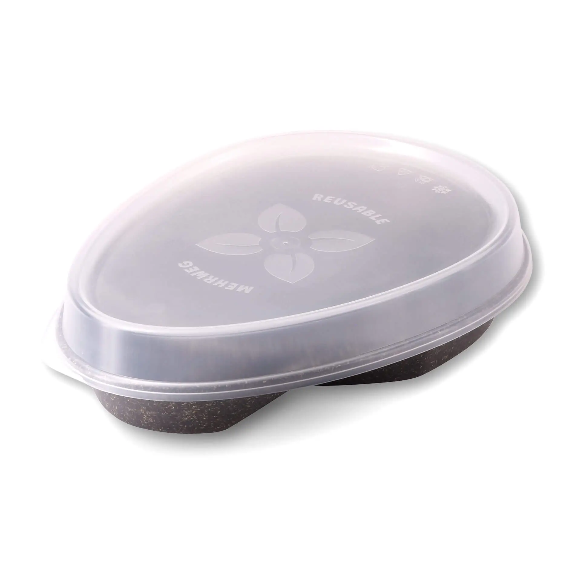 Assiette repas réutilisable « merways Plate » poivre / gris 27,5 x 20 x 3,5 cm, 2 compartiments, ovale dfc008581-mehrweg-menueteller-merways-plate-275-x-20-x-35-cm-2-kammern-tropfenfoermig-pfeffer-grau-5