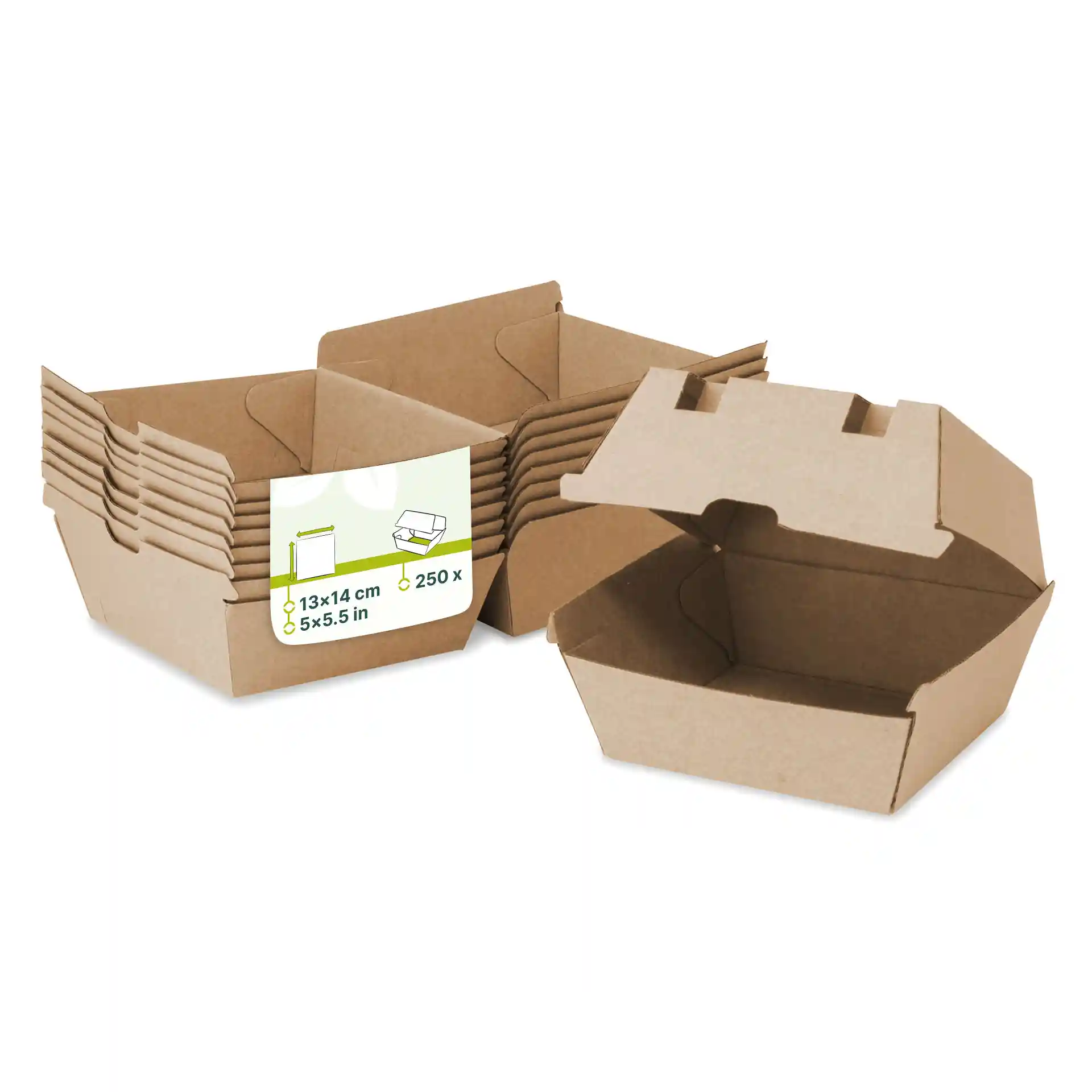 Boîtes à burger en carton kraft marron empilées, montrant une boîte ouverte et une étiquette avec dimensions et quantité.